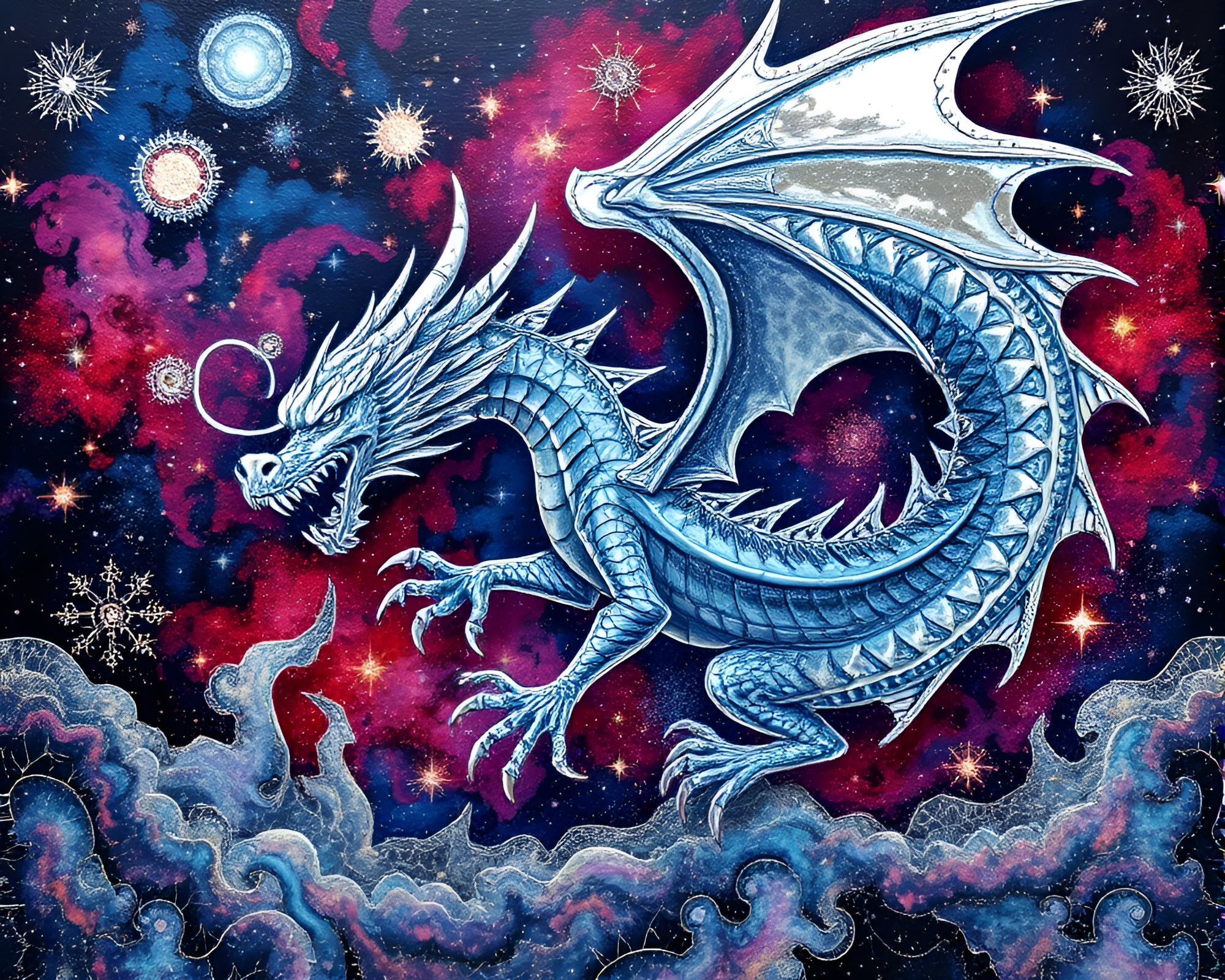 Celestial Dragon in Action Painting with Silver Leaf Accents – free AI stock image