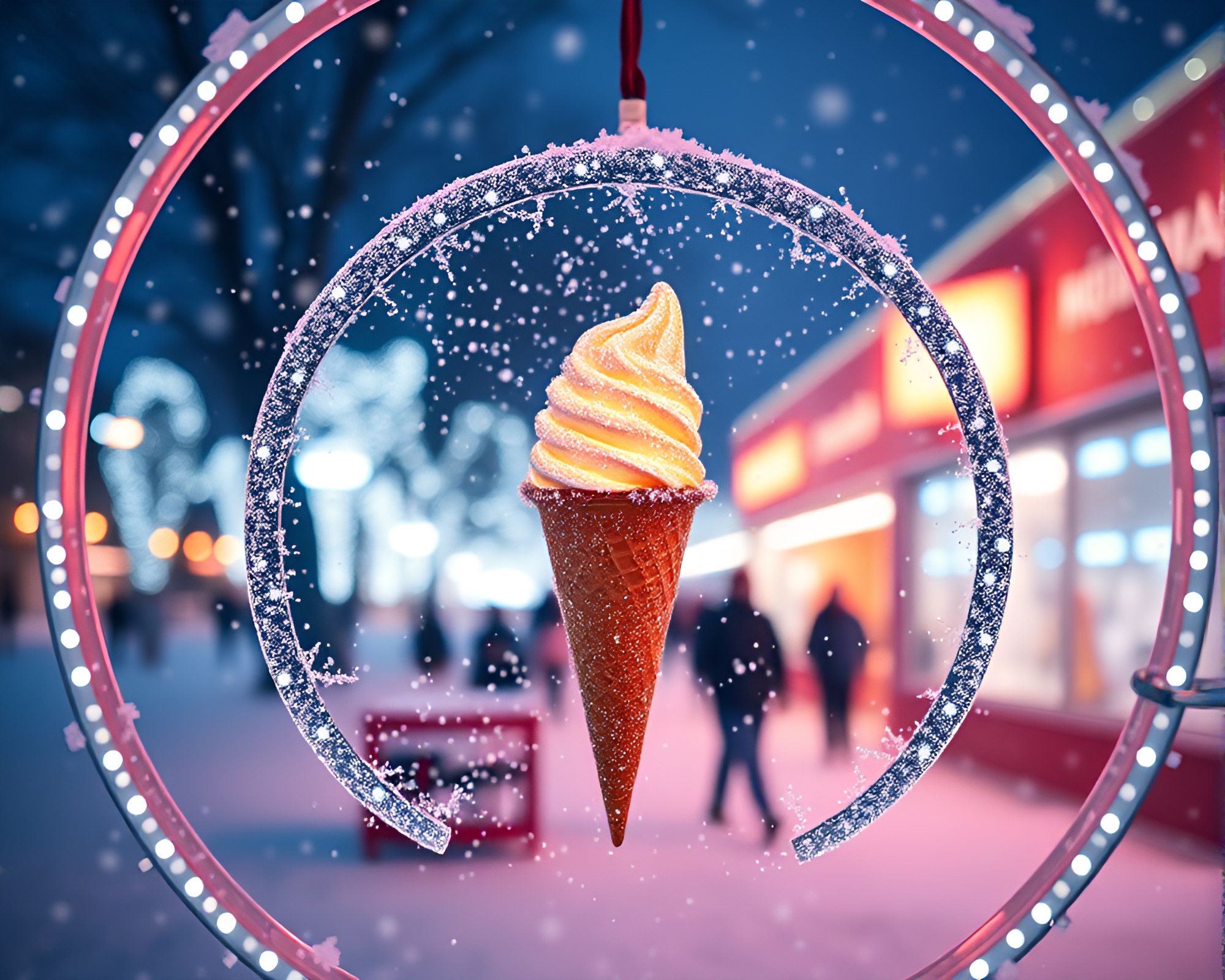 Op Art Gelato Cone in Snow-Kissed Circular Frame – free AI stock image
