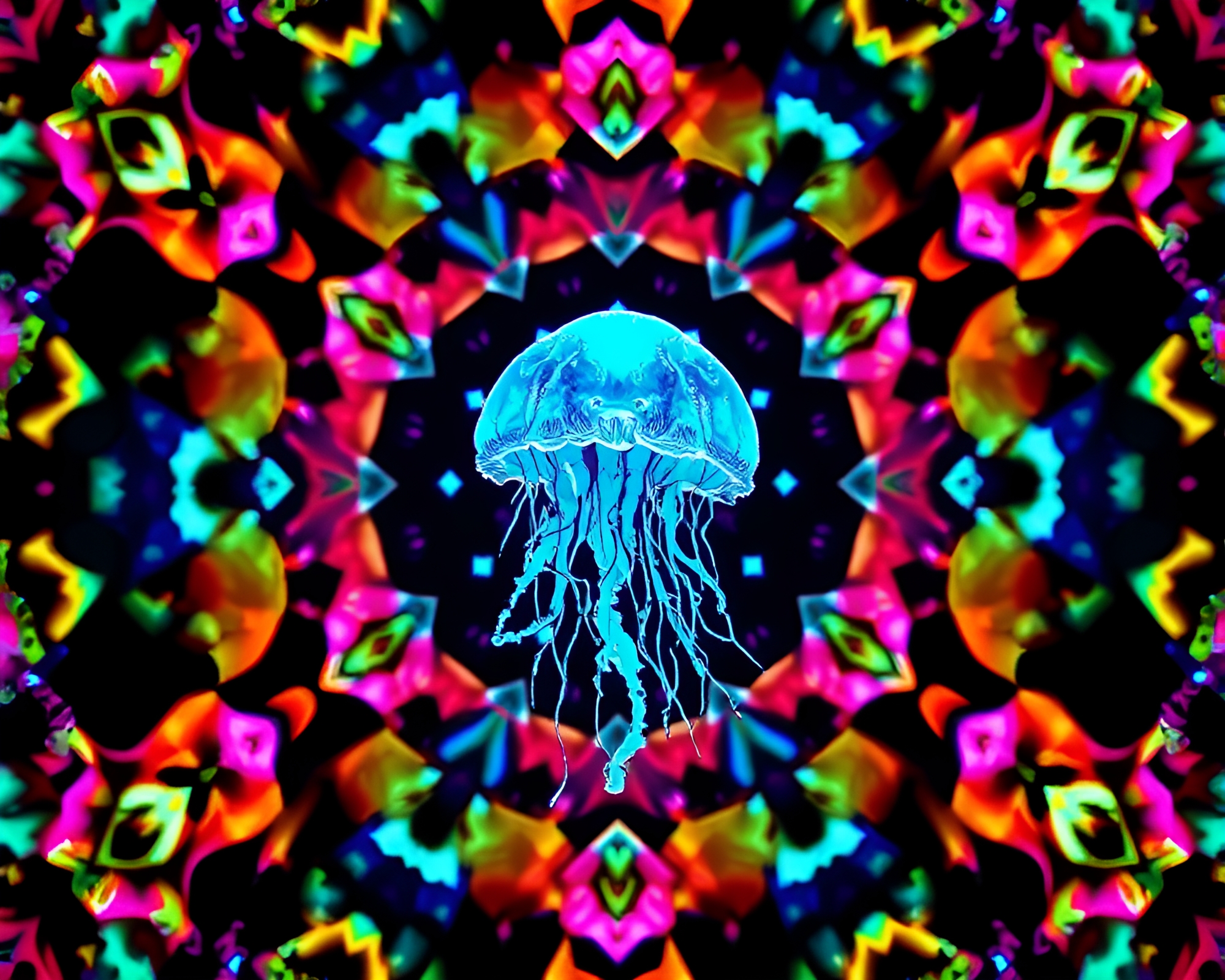 Vibrant 16-bit Jellyfish Kaleidoscope Graffiti Art – free AI stock image