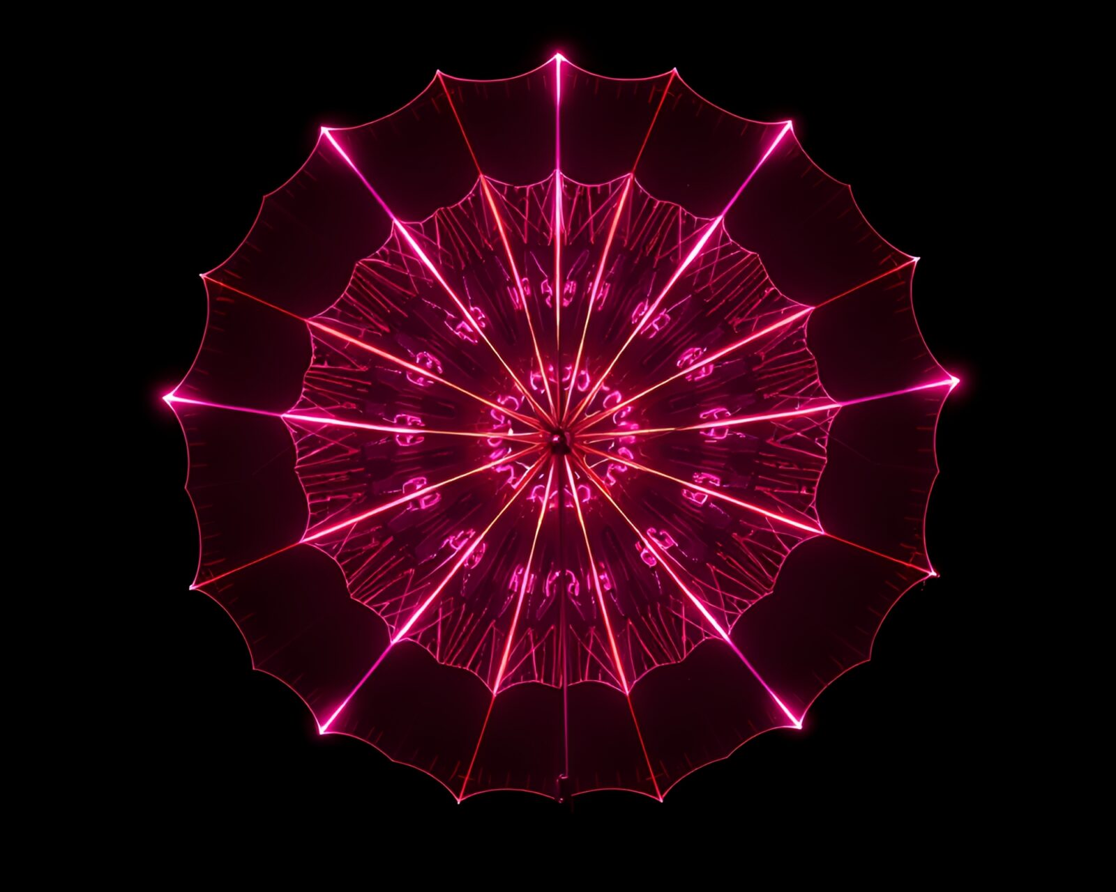 Vibrant digital artwork of glitched neon umbrella, rose gold tones