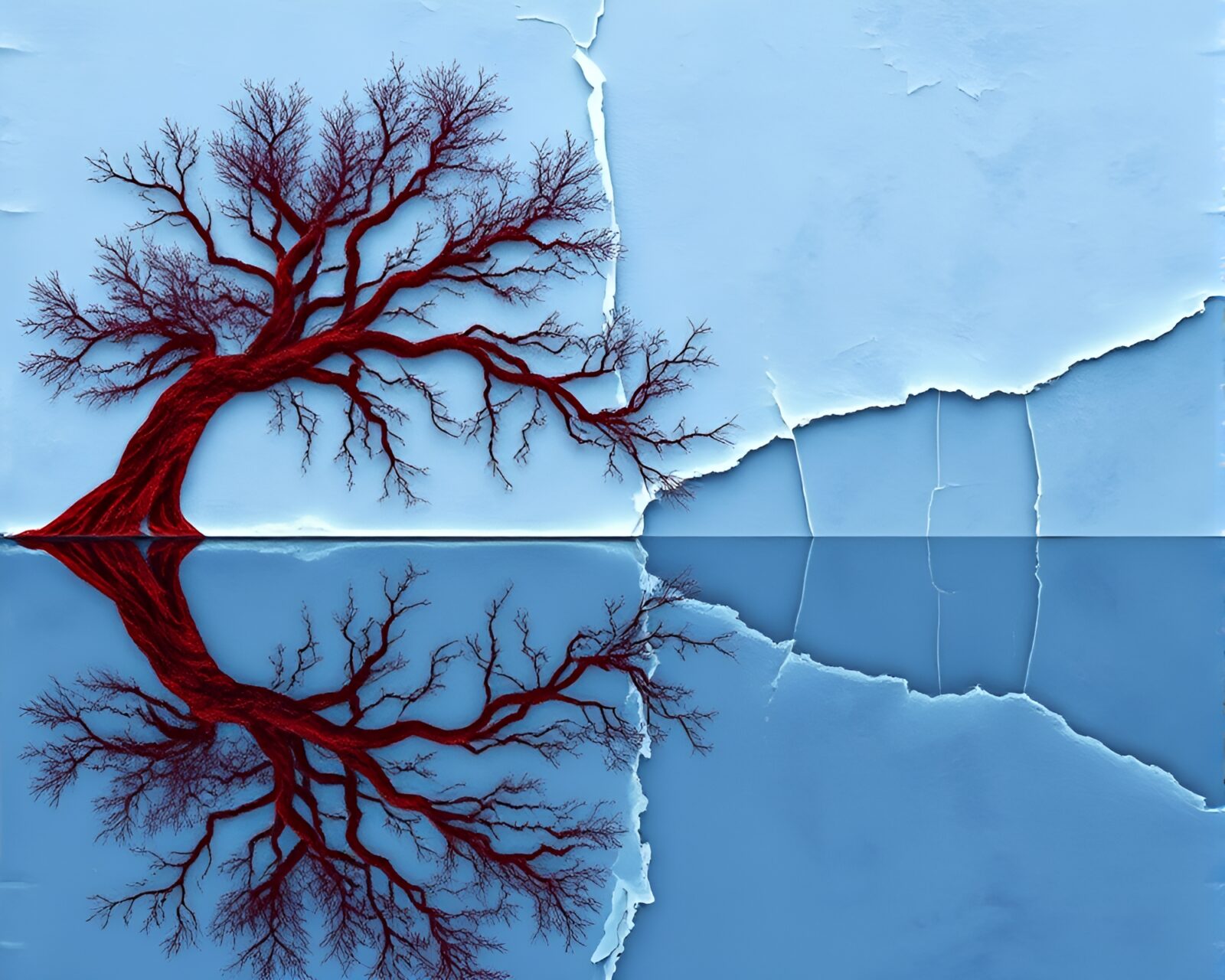Paper cutout of an ancient tree in red-blue ice reflection crack