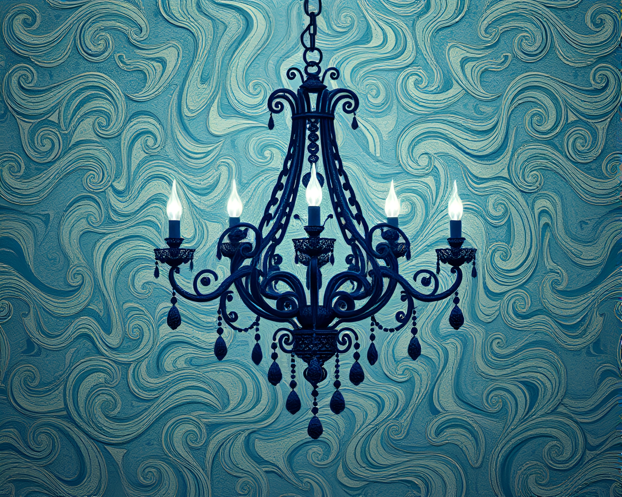 Gothic Chandelier in Steel-Blue Glitch Art Sand Swirl – free AI stock image