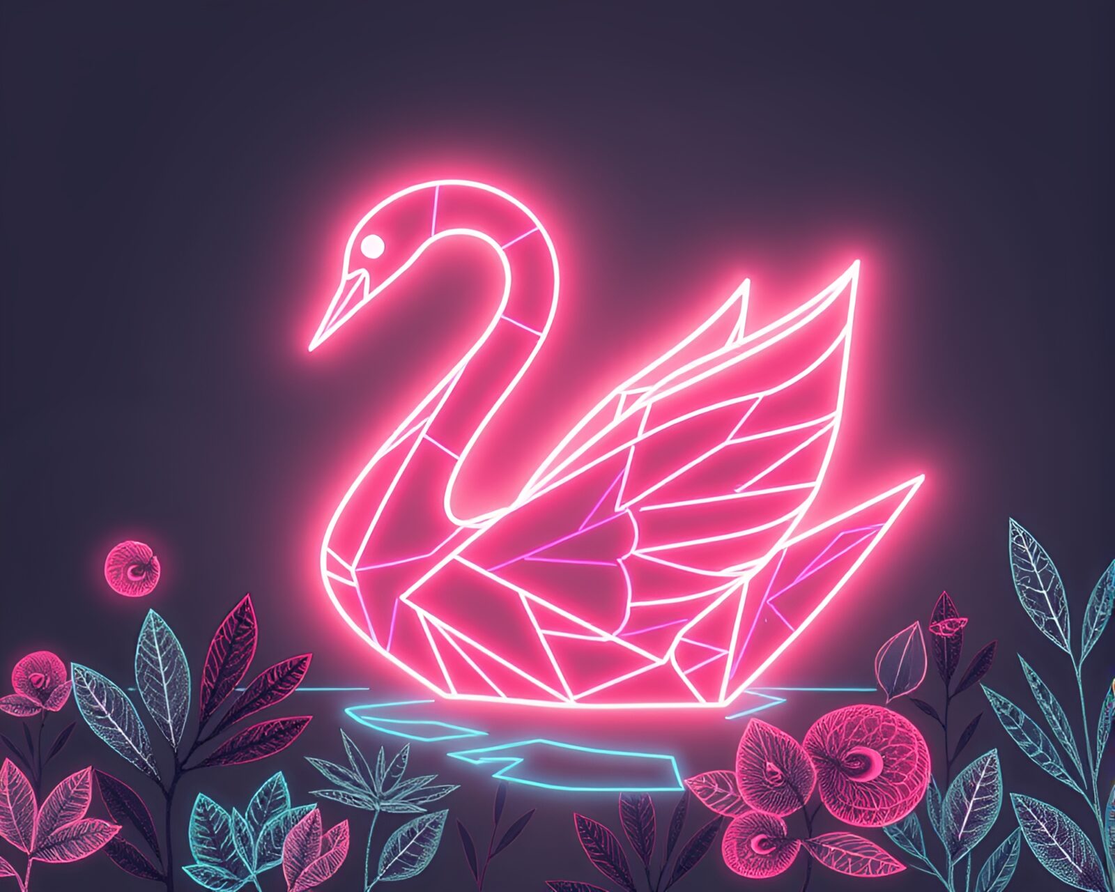 A vibrant neon wireframe origami swan surrounded by acid wash botanical elements