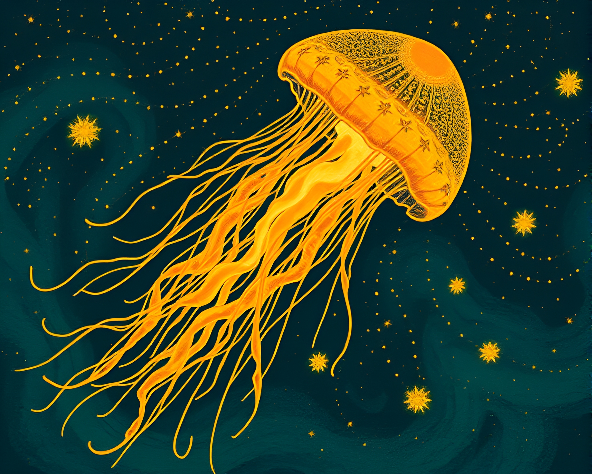 Bioluminescent jellyfish zoom burst in savannah sunset woodcut print – free AI stock image