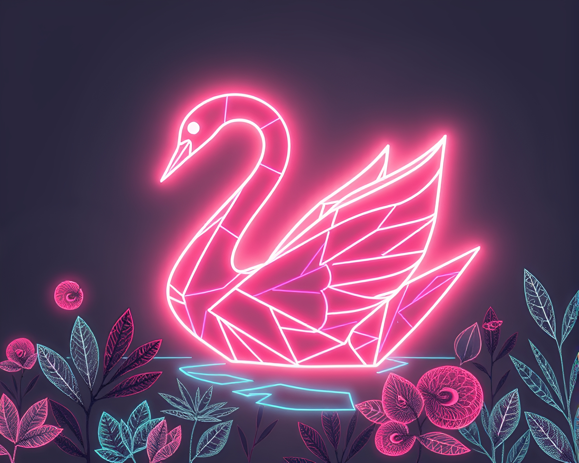 Neon Wireframe Origami Swan in Acid Wash Botanical Forest – free AI stock image