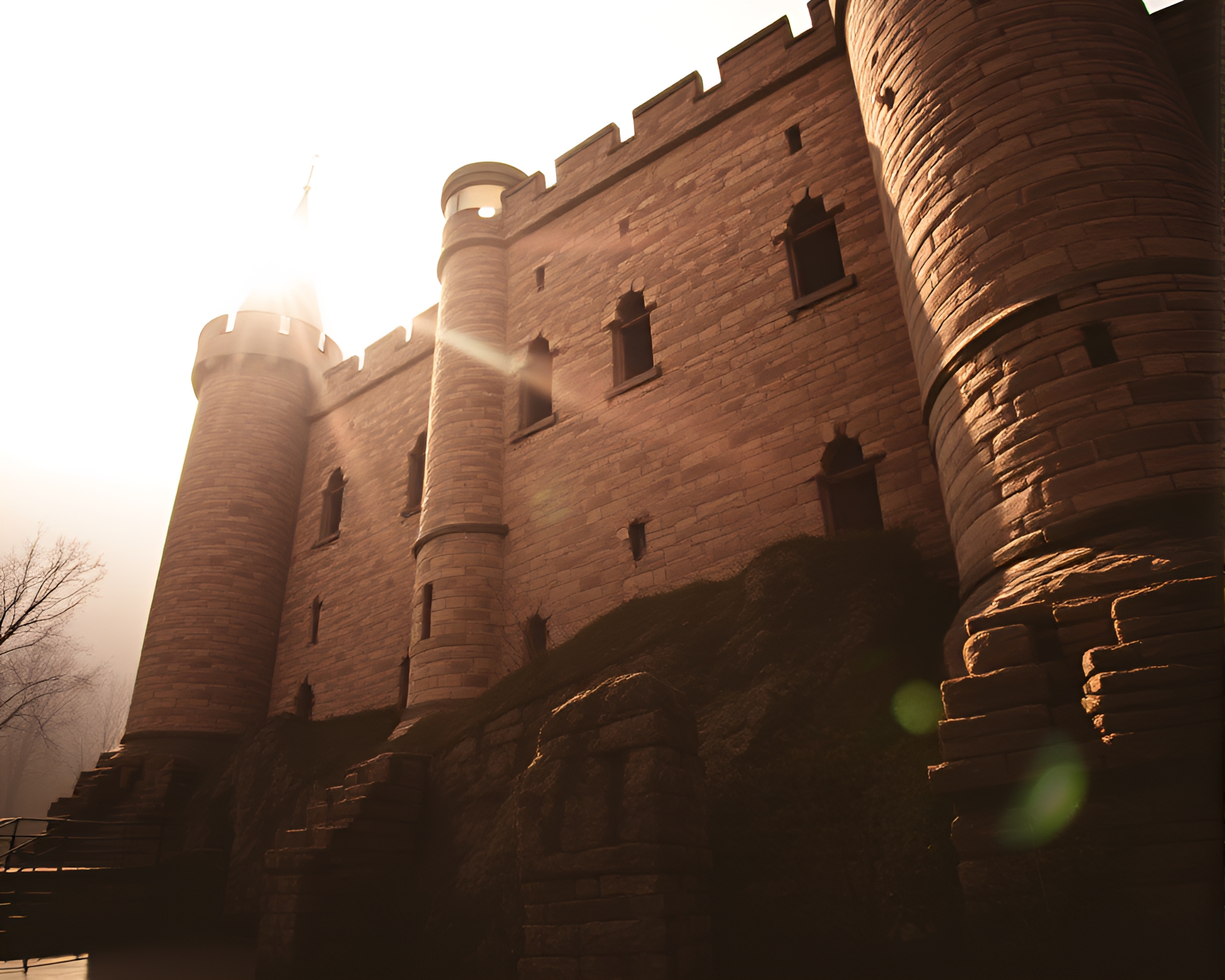 Enchanting Castle Ruins in Sepia Lens Flare – free AI stock image