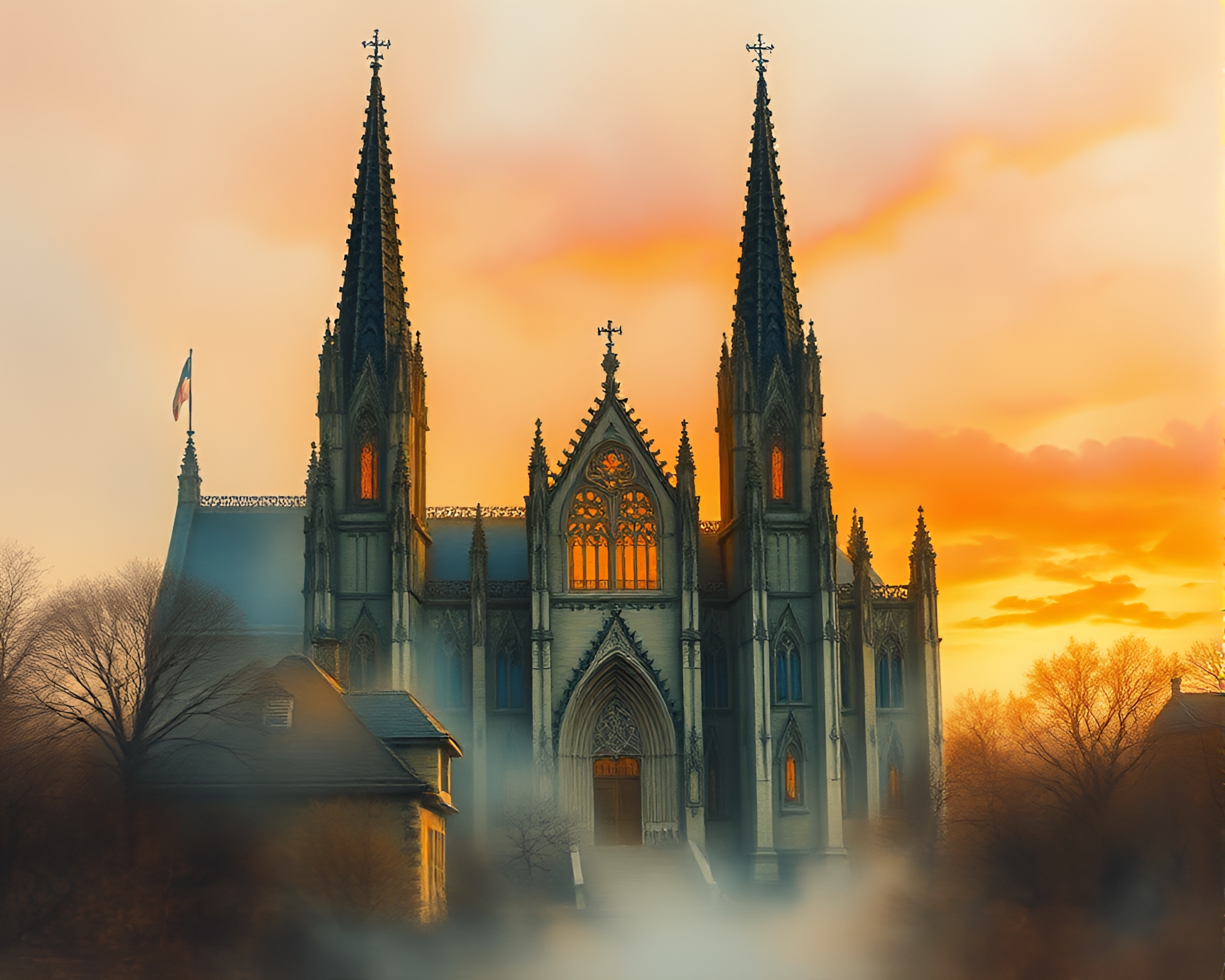 Ethereal Gothic Cathedral Bathed in Sunset Steam – free AI stock image