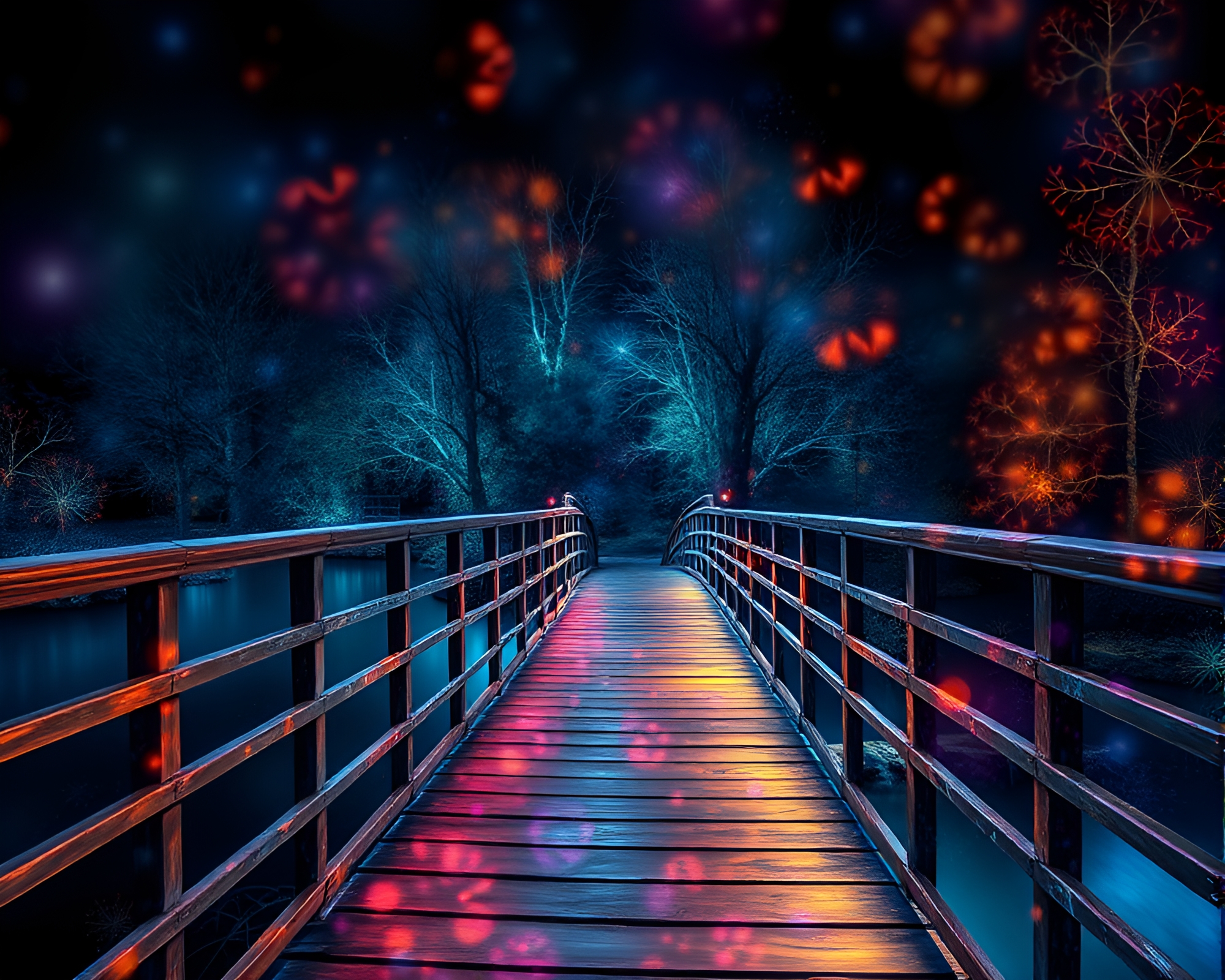 Enchanted Wooden Bridge Over Fractal Glow River – free AI stock image