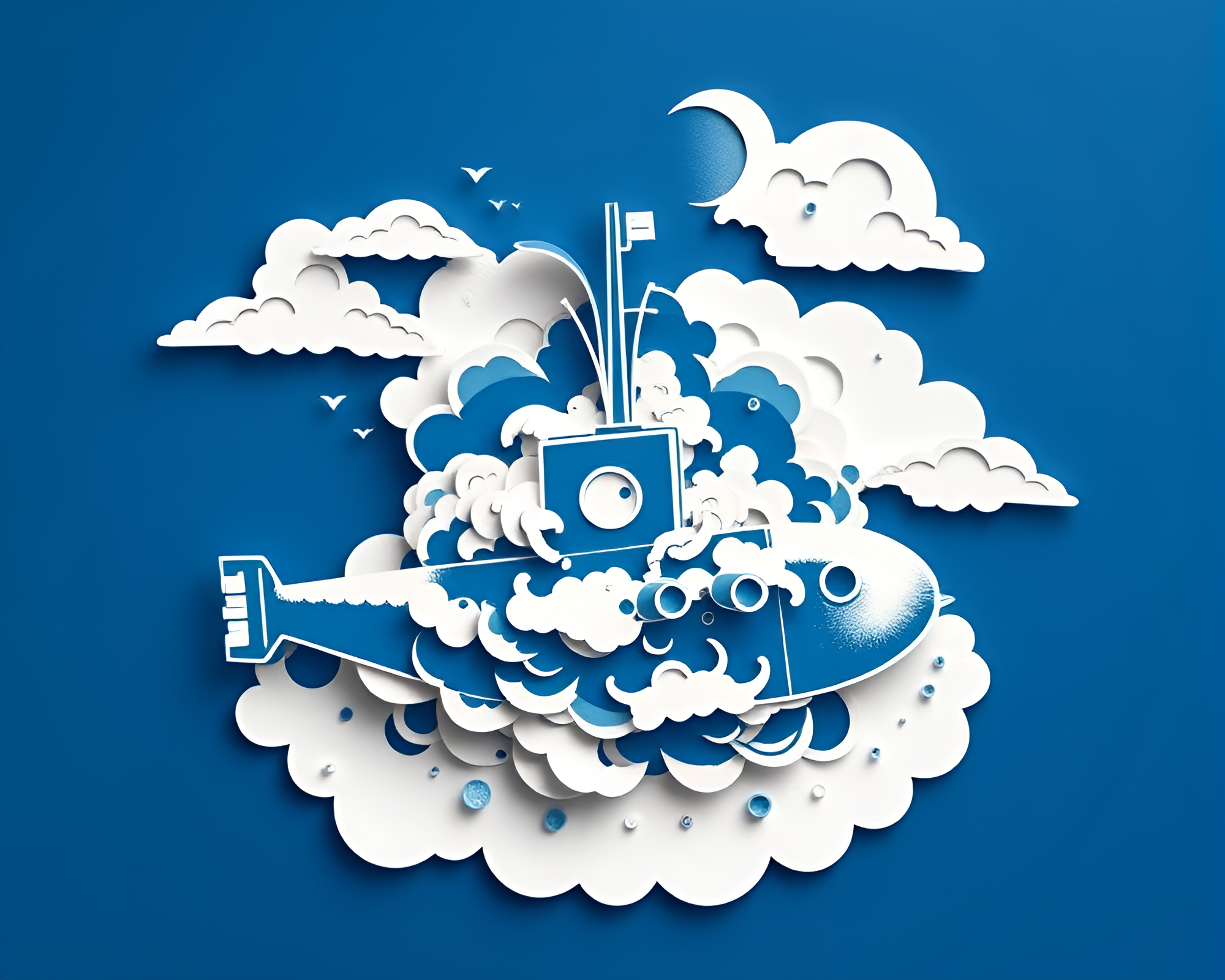 Monochrome Submarine Explosion in Paper Cutout Style – free AI stock image