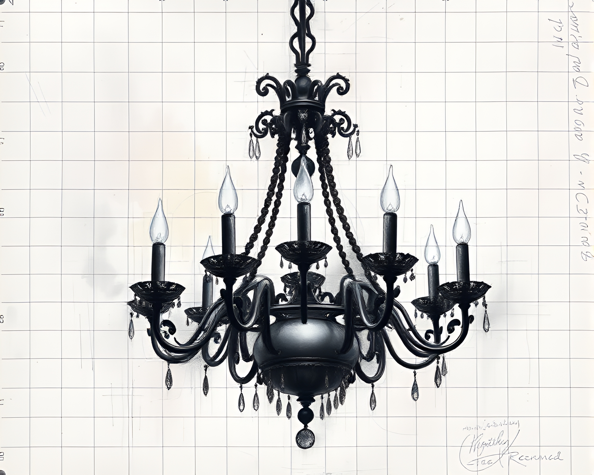 Gothic Chandelier Charcoal Sketch in Soft Pastel Grid – free AI stock image