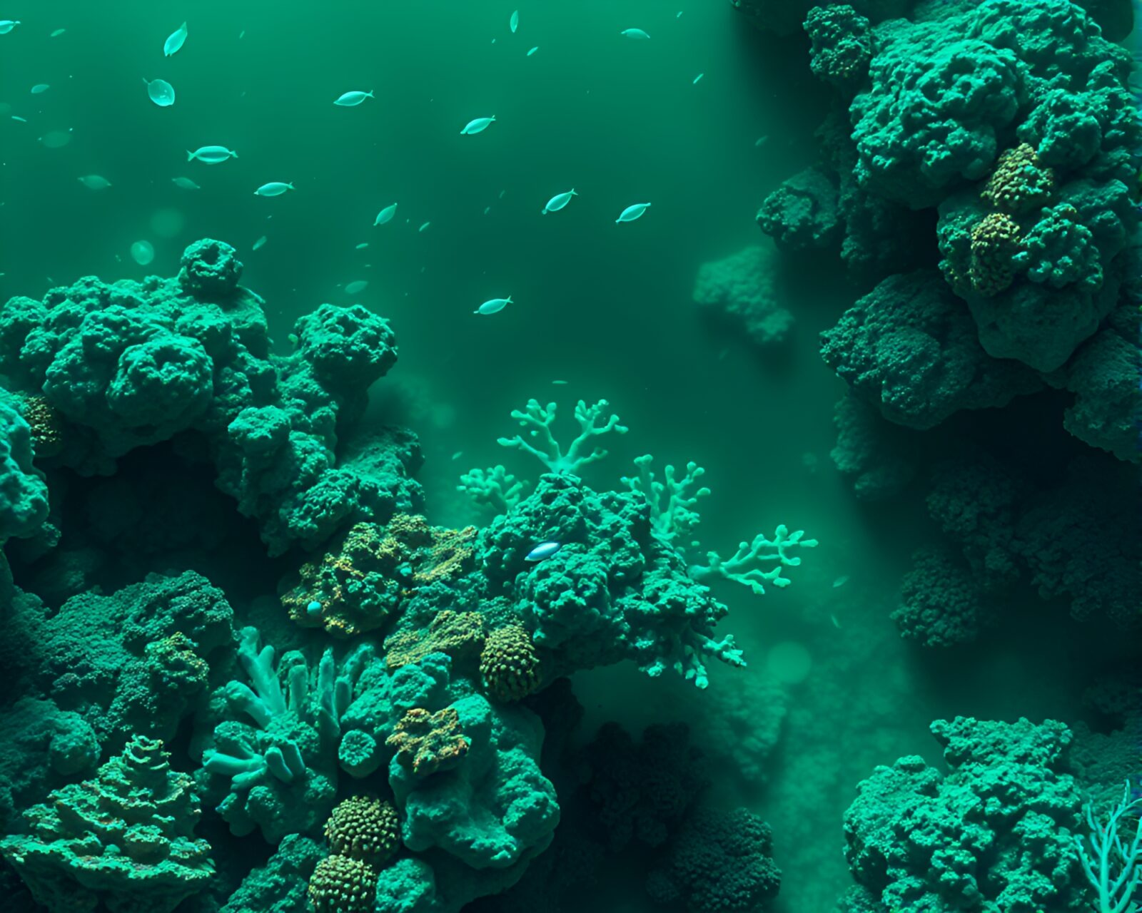 Voxel art of serene coral reef in emerald green hues