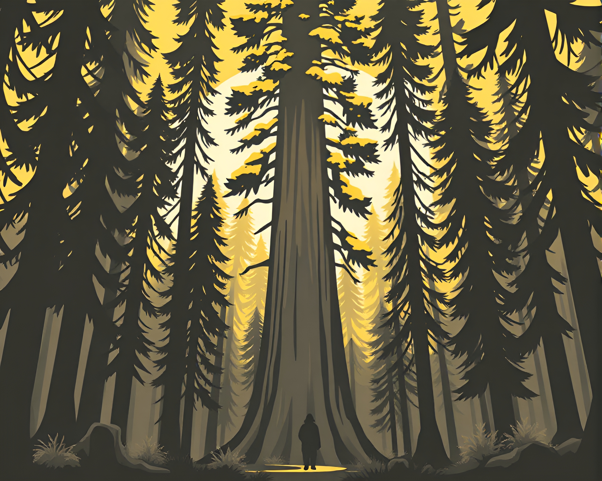 Magical Redwood Tree in Cartoon Monochrome – free AI stock image