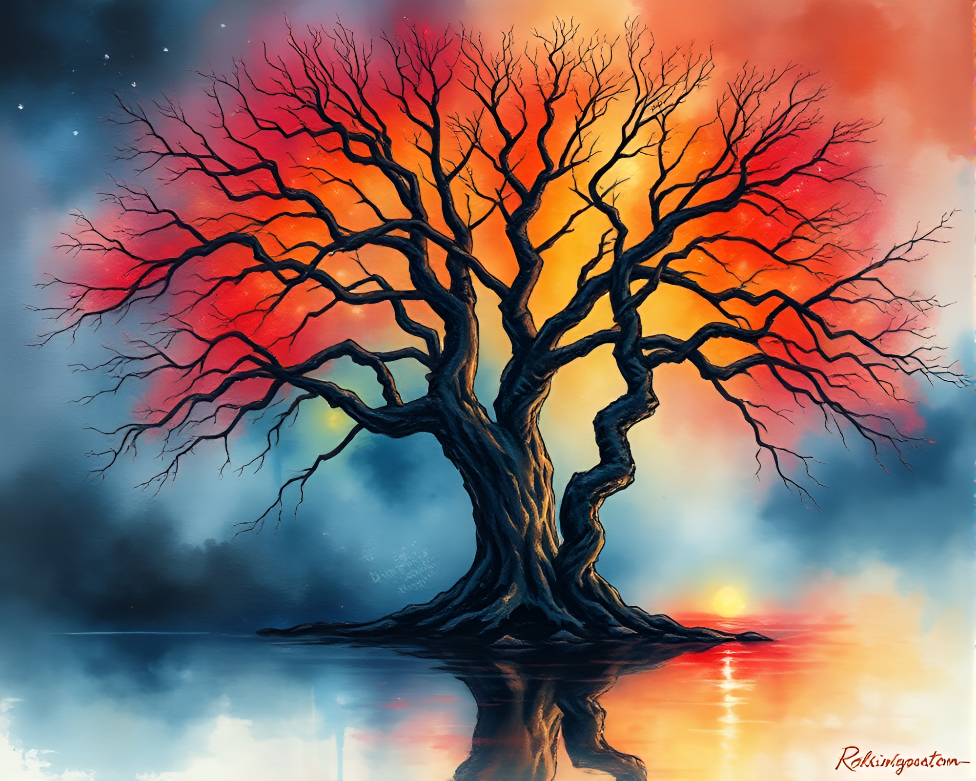 Enchanting Neon Reflections: Ancient Tree Watercolor Dream – free AI stock image