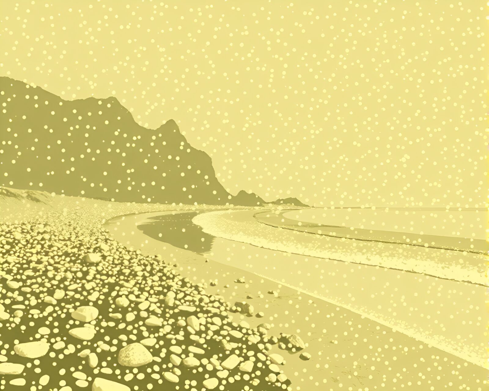 Tranquil scene of pebble-covered beach with olive tones