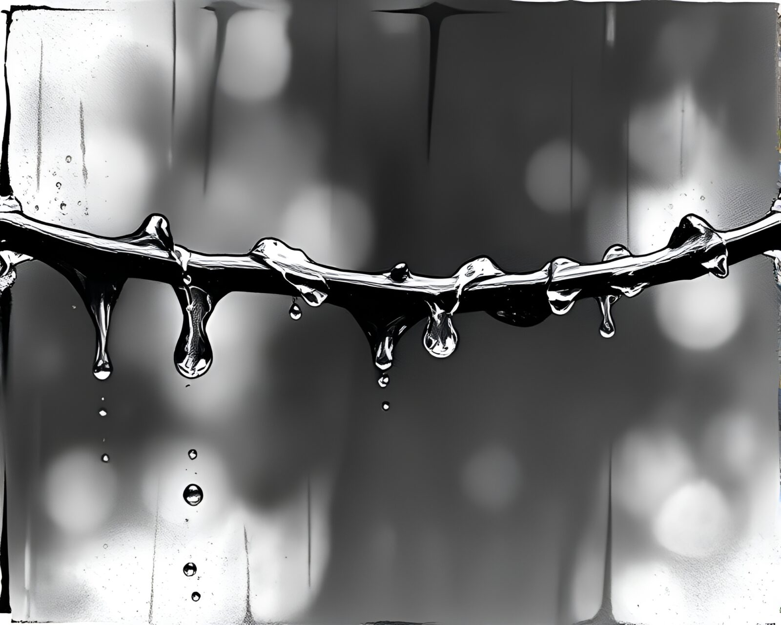 Vivid HDR contrast water droplets in detailed linocut style
