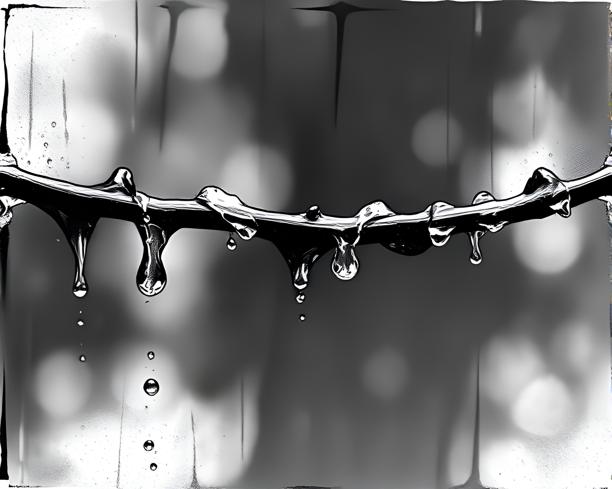 Glistening Water Droplets in Charcoal Linocut Sketch – free AI stock image
