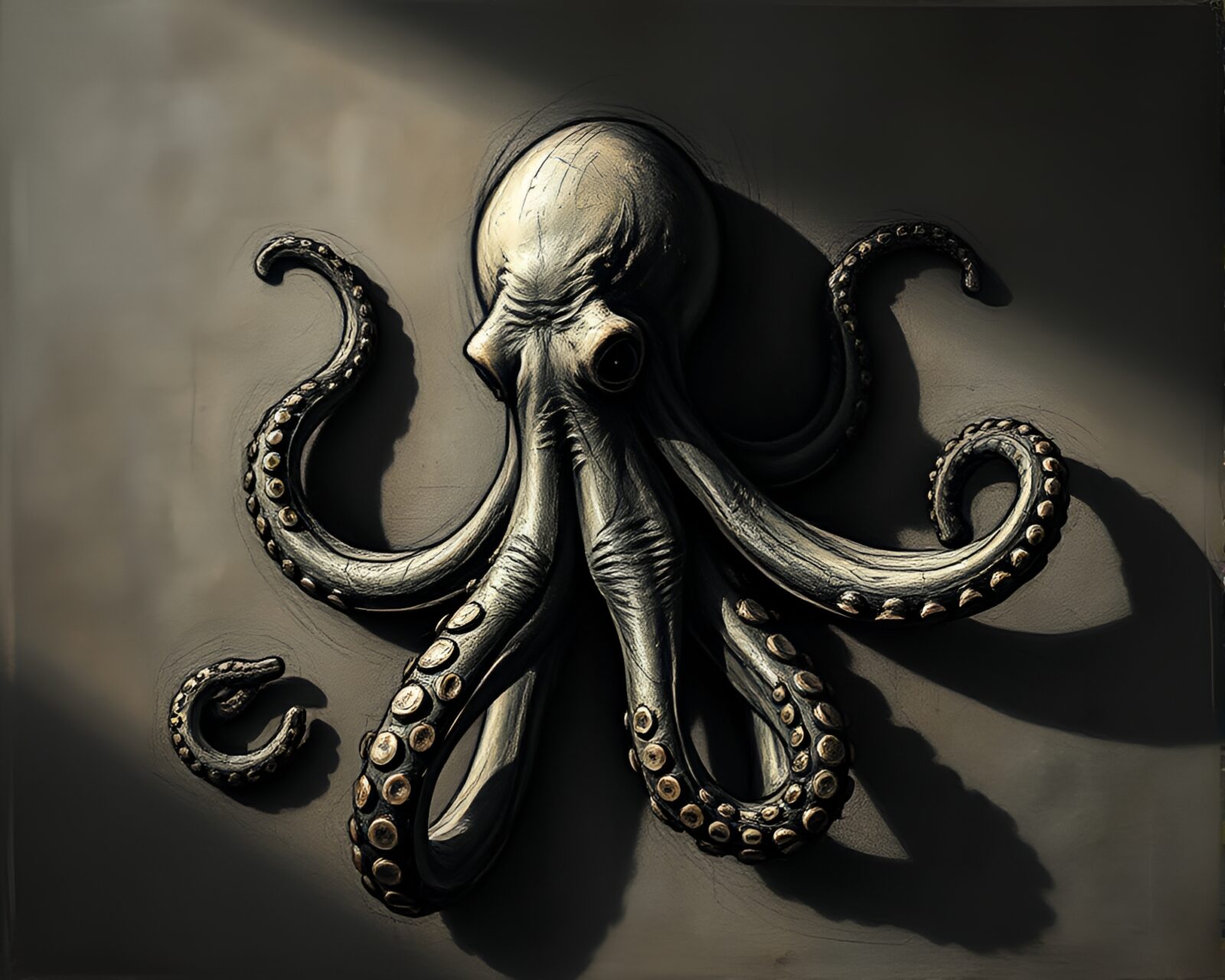 Abstract cubist style octopus with hard shadows on scratchy background