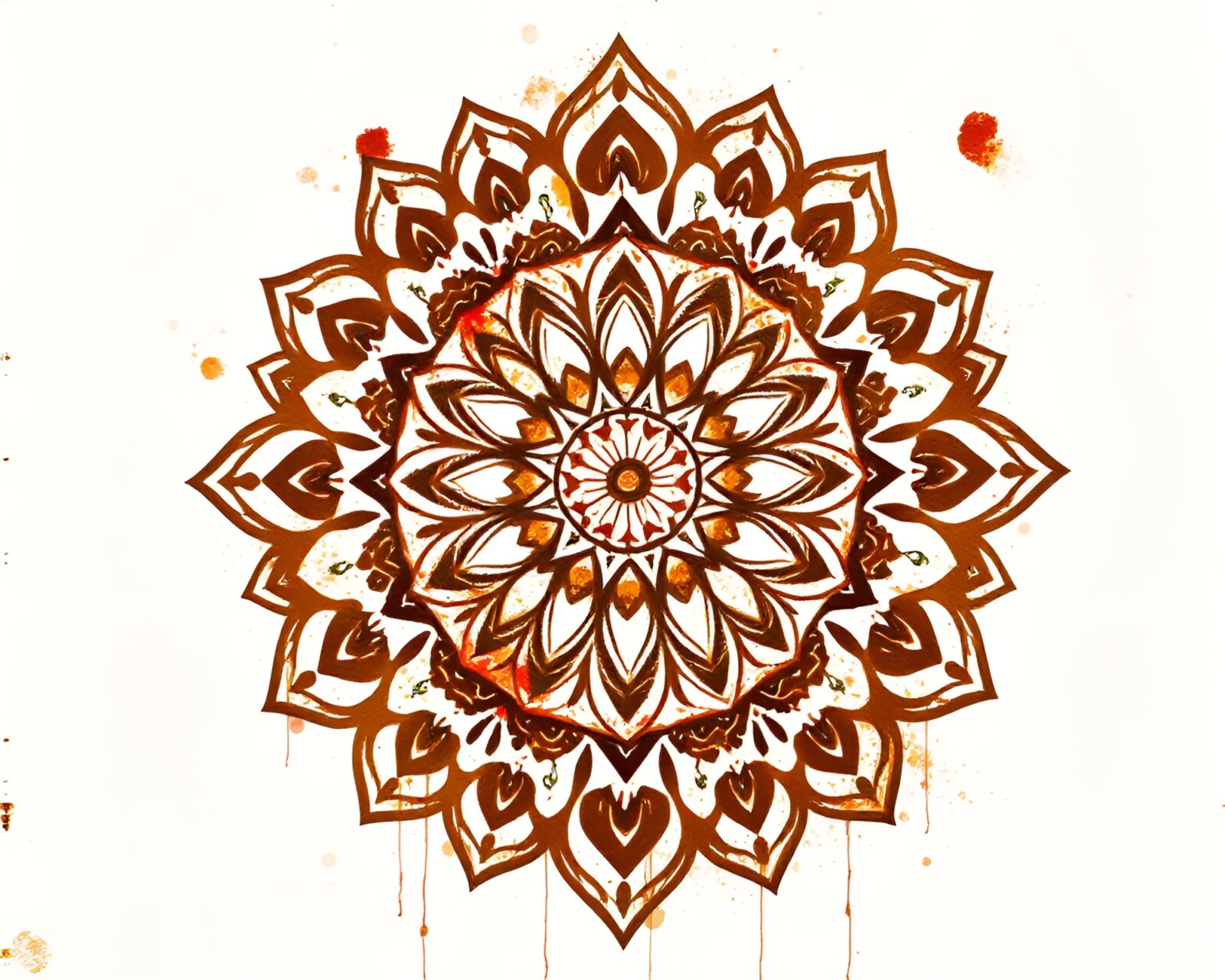 Abstract off-white mandala design with rust-like streaks and warm lighting