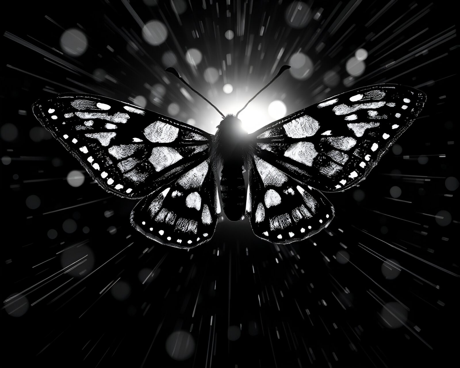 Black and white pointillist art of a moth with lens flare bursts