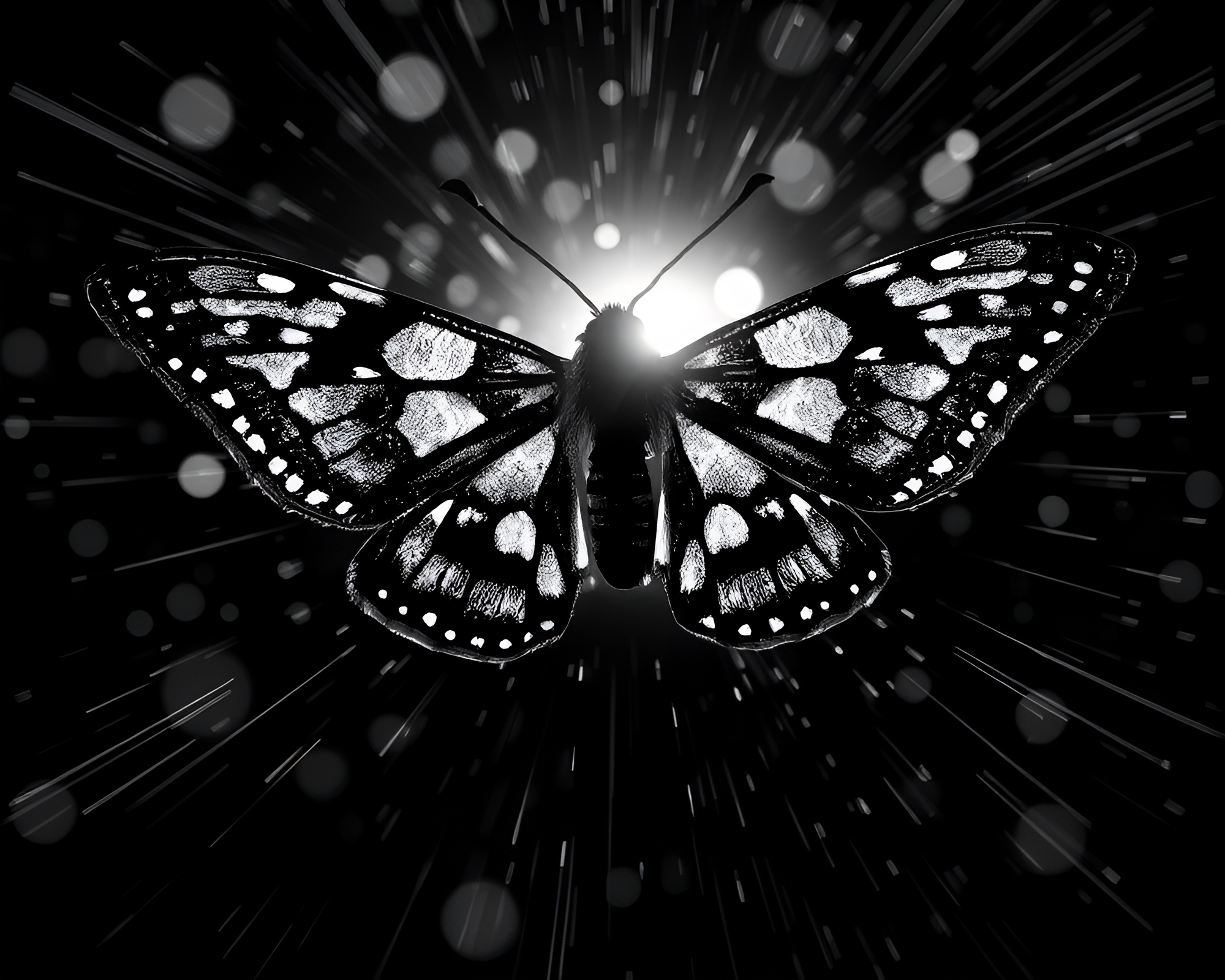 Moth in Pointillist Lens Flare Monochrome Delight – free AI stock image