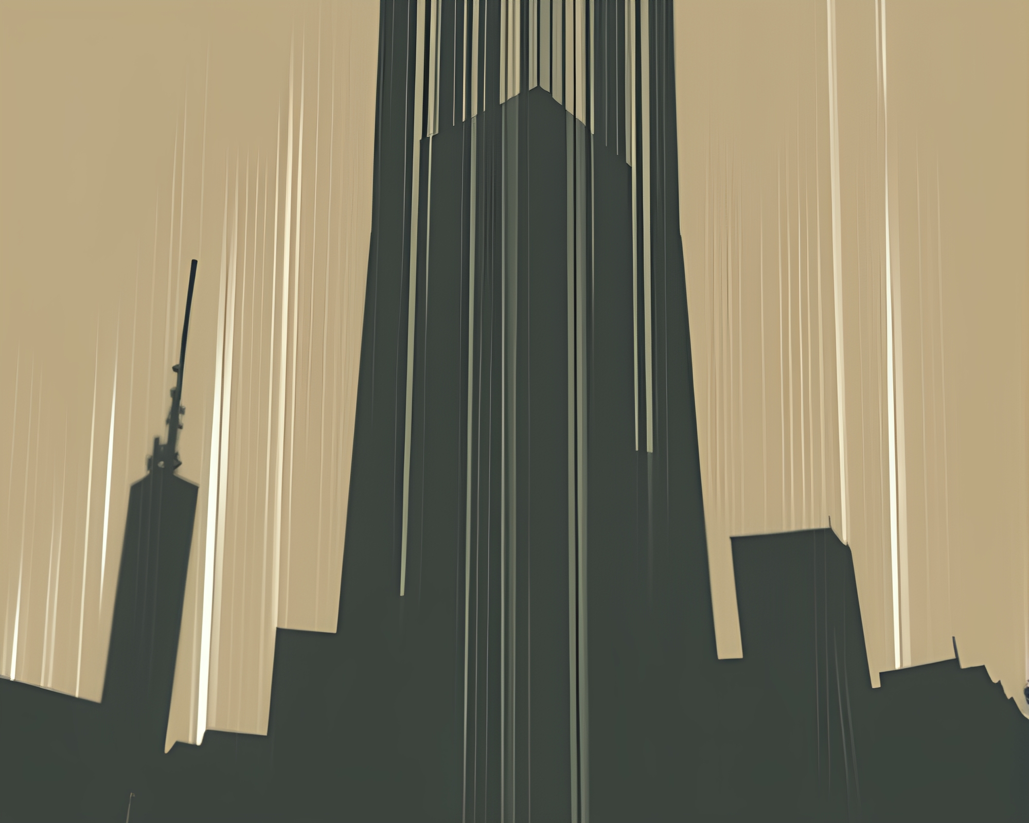 Glitch Art Skyscraper with Stencil Shadows – free AI stock image