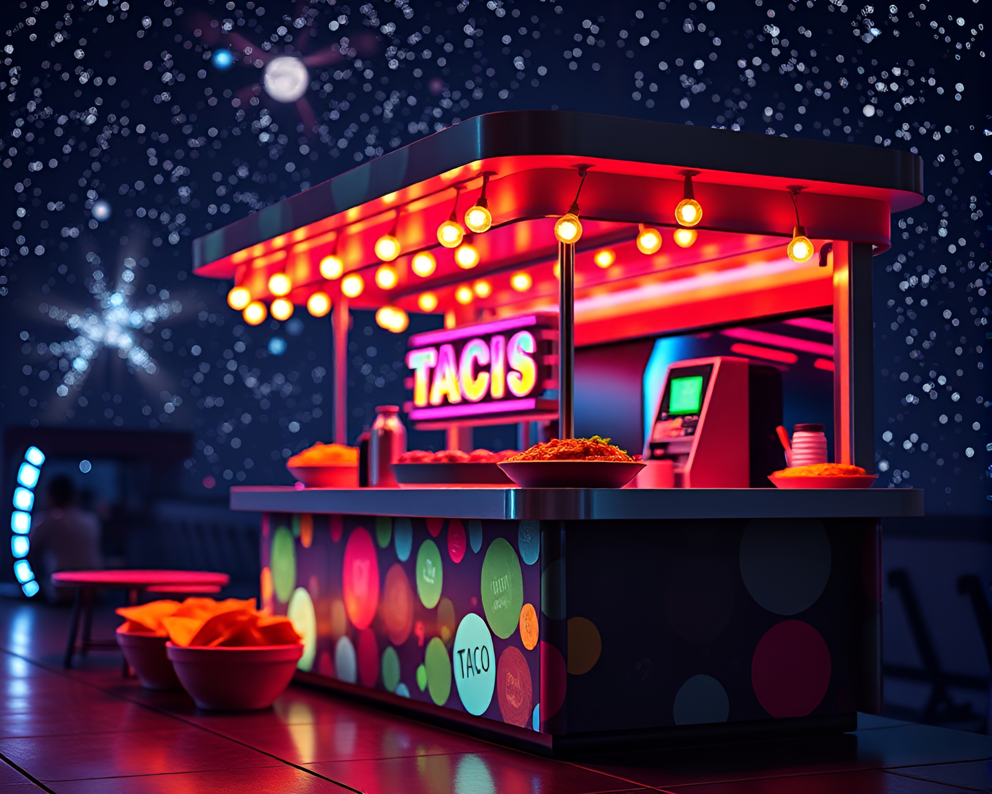 Op Art Taco Stand under Galaxy Lights – free AI stock image