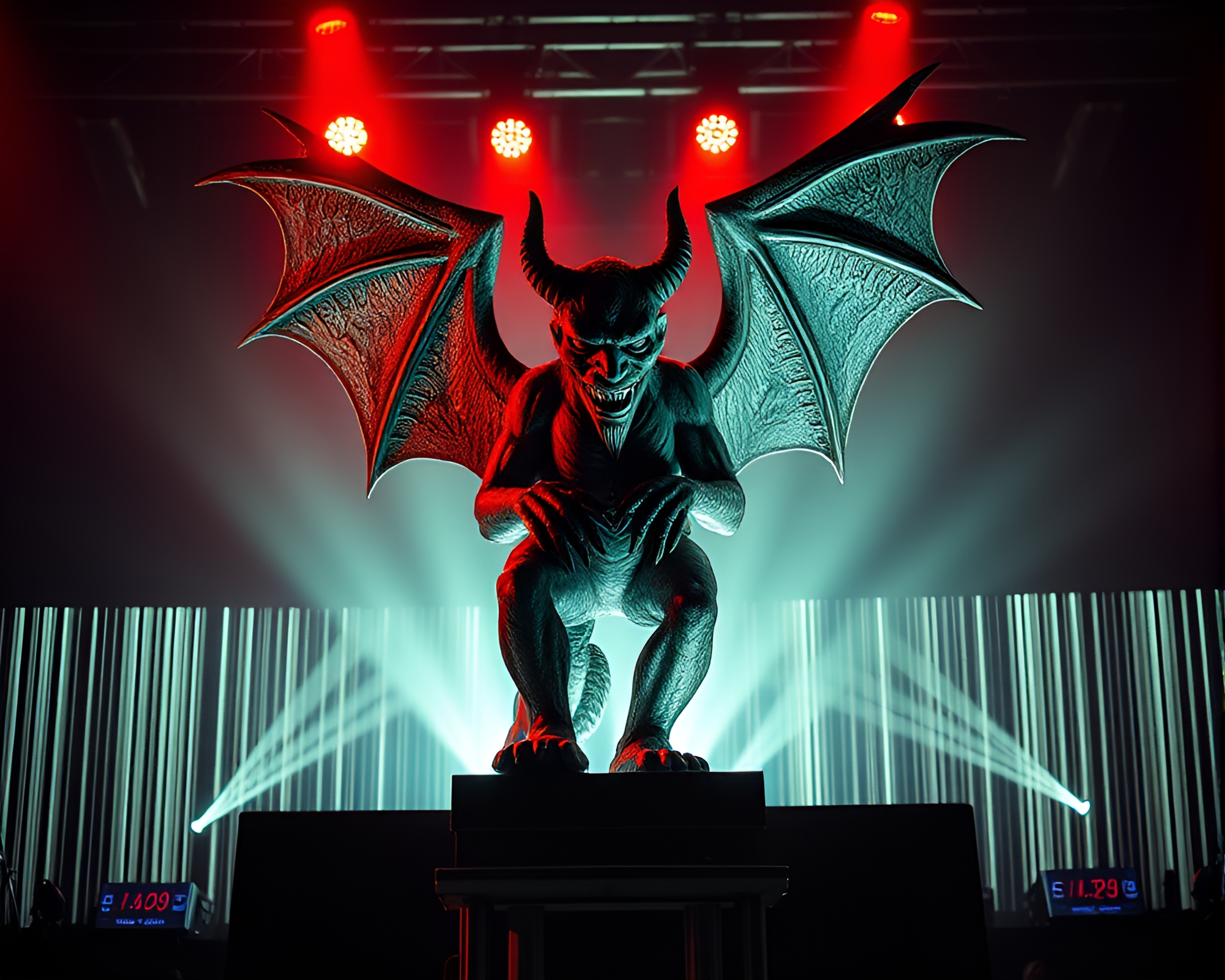 Dystopian Gargoyle Statue Illuminated by Concert Lights – free AI stock image