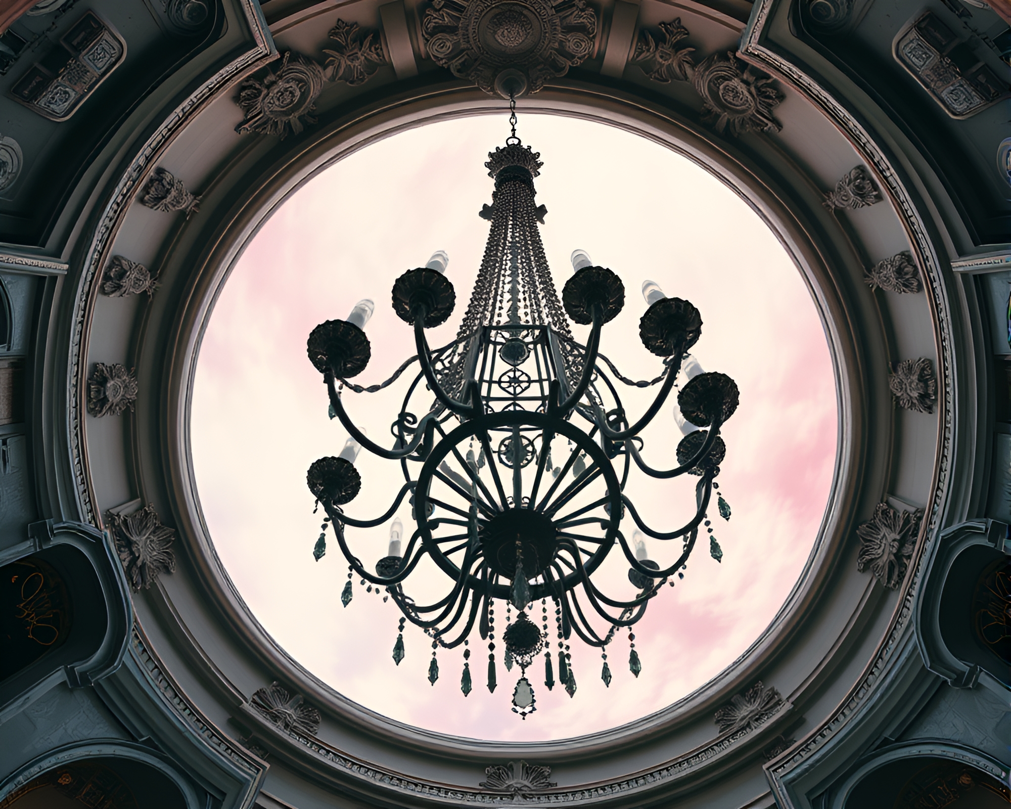 Surreal Planetary Gothic Chandelier in Wide-Angle View – free AI stock image