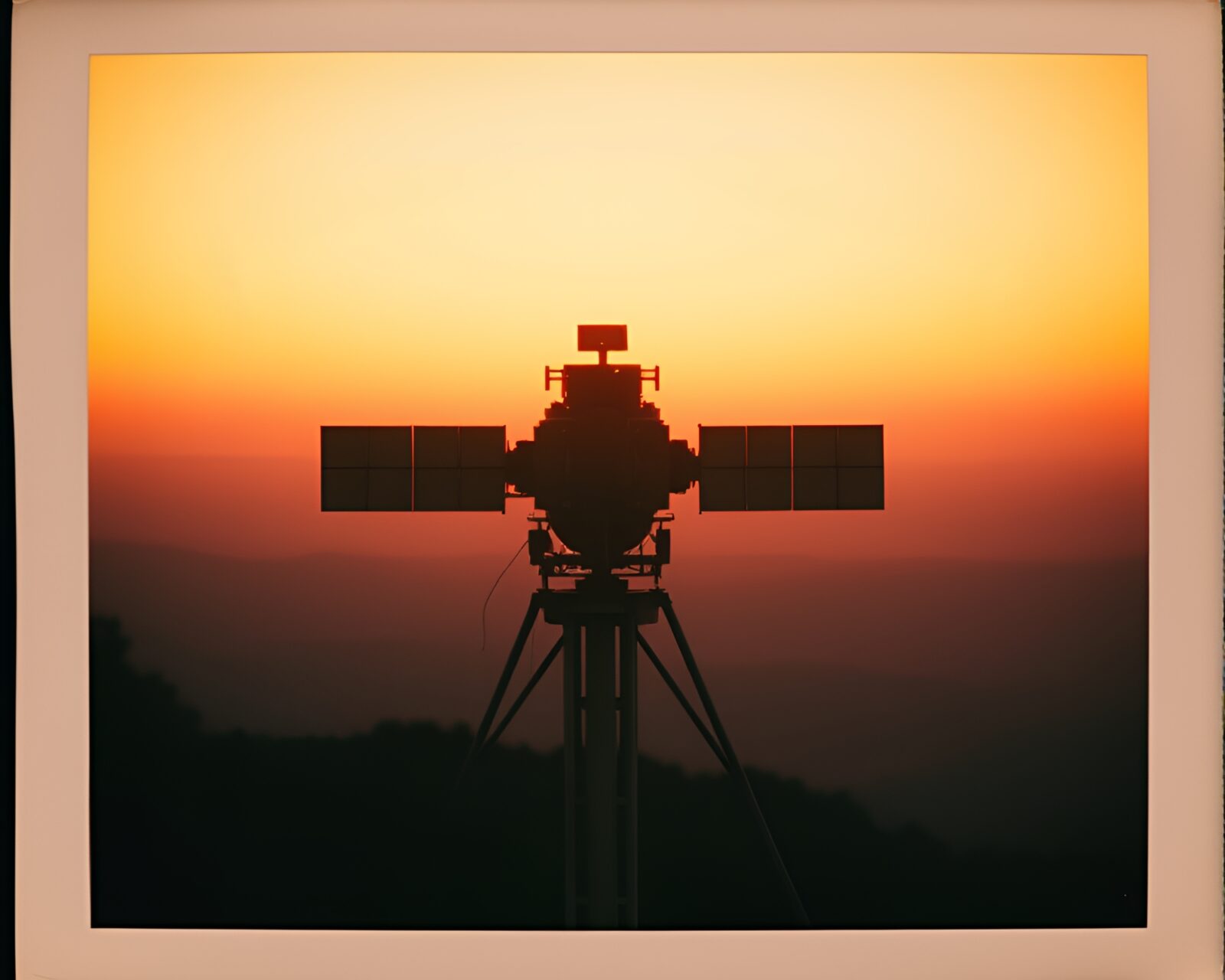 Satellite as seen framed in orange sunsetting sky.
