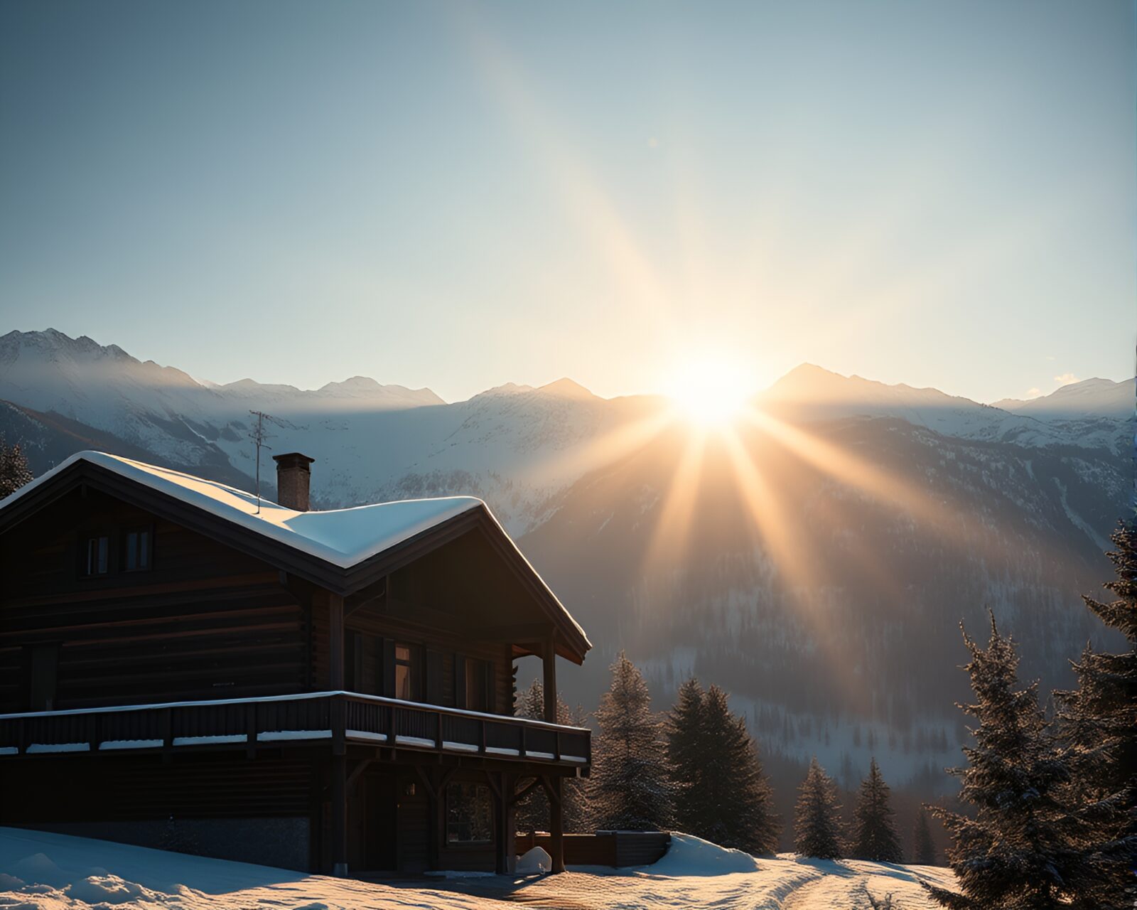 Alpine chalet with sun glares in retro color fade