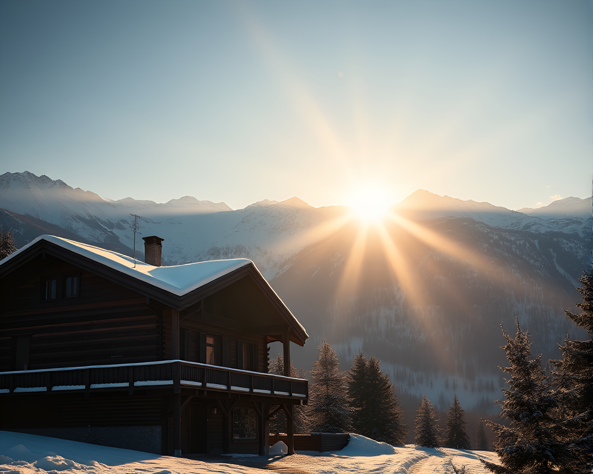 Chalet Sunset with Vintage Hues and Subsurface Glow – free AI stock image