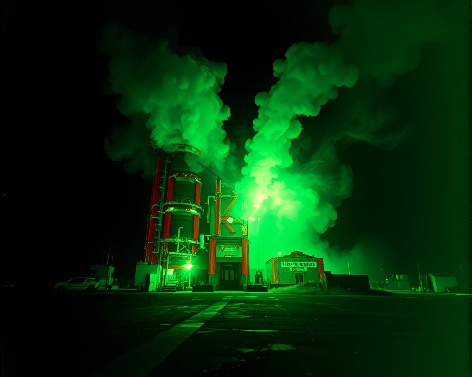 Double exposure image of glowing green reactor in 3D
