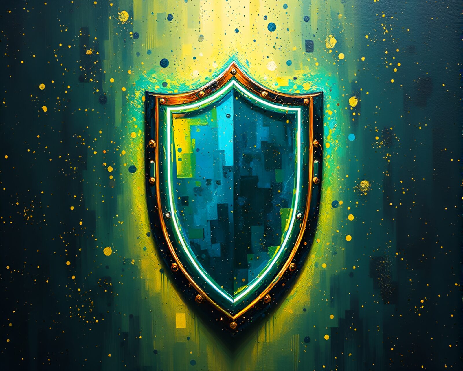 Trompe-l'oeil shield with acrylic spatters in pixelated light