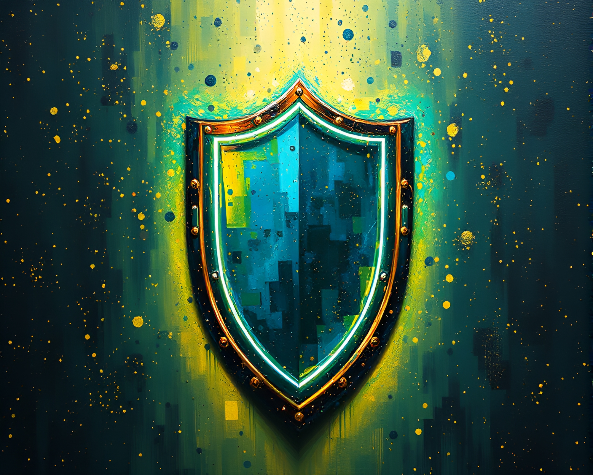 Glitchy Shield: Acrylic Spatters in Pixelated Light – free AI stock image