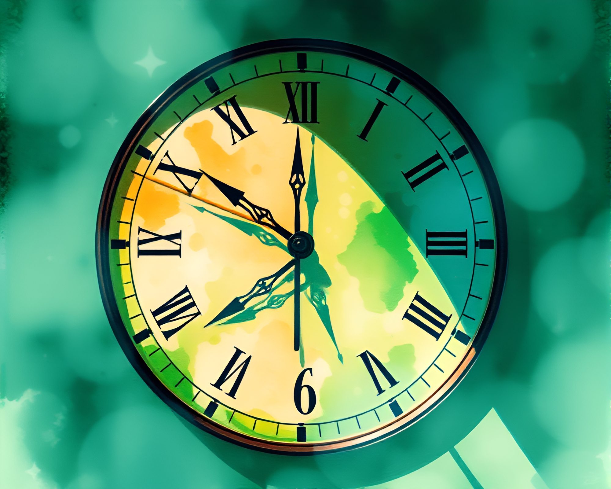 Double Reflection of Chrono Clock in Emerald Watercolor – free AI stock image