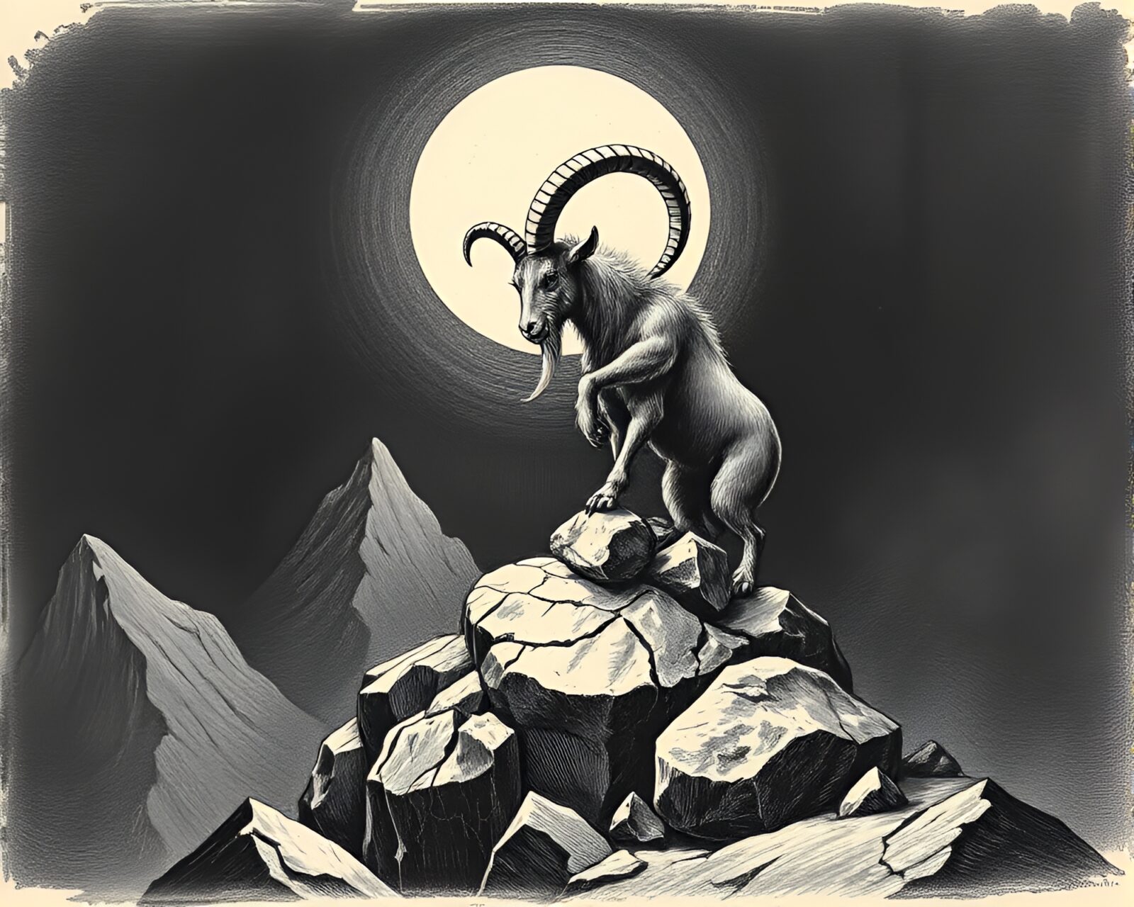 Engraved style illustration of majestic goat in dark dungeon