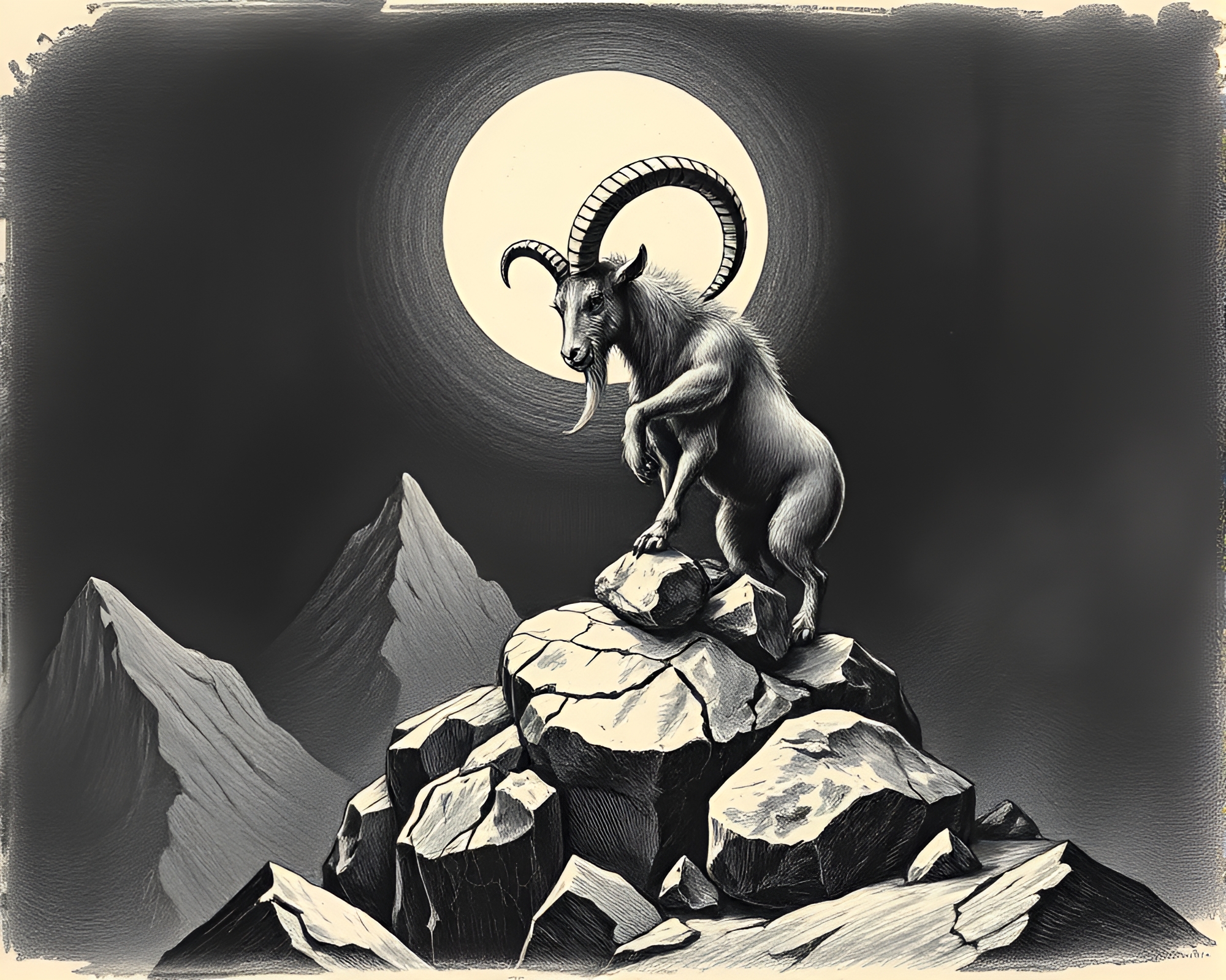 Mountain goat in torchlit dungeon on cracked earth – free AI stock image