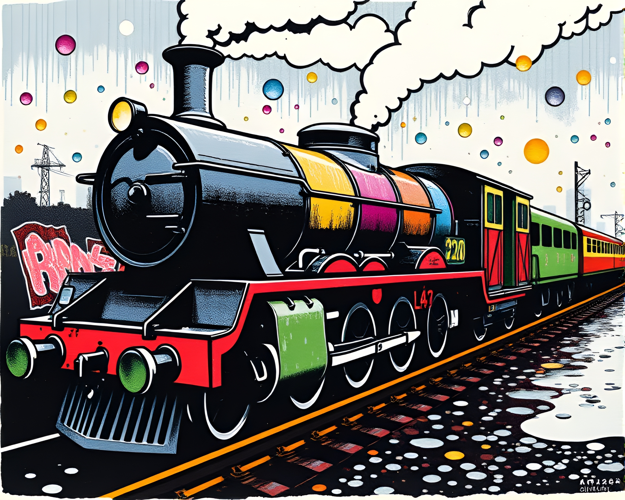 Graffiti Steam Locomotive Linocut Print – free AI stock image
