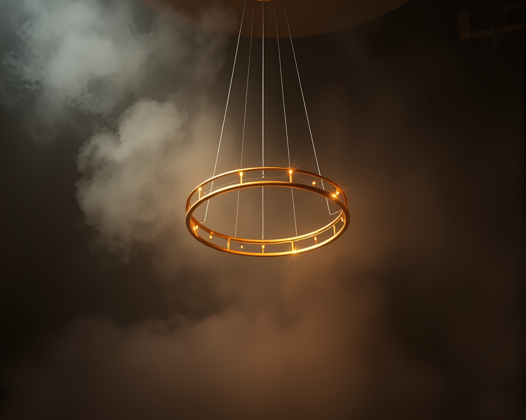 Spiral Chandelier Illuminated in Foggy Minimalist Setting – free AI stock image