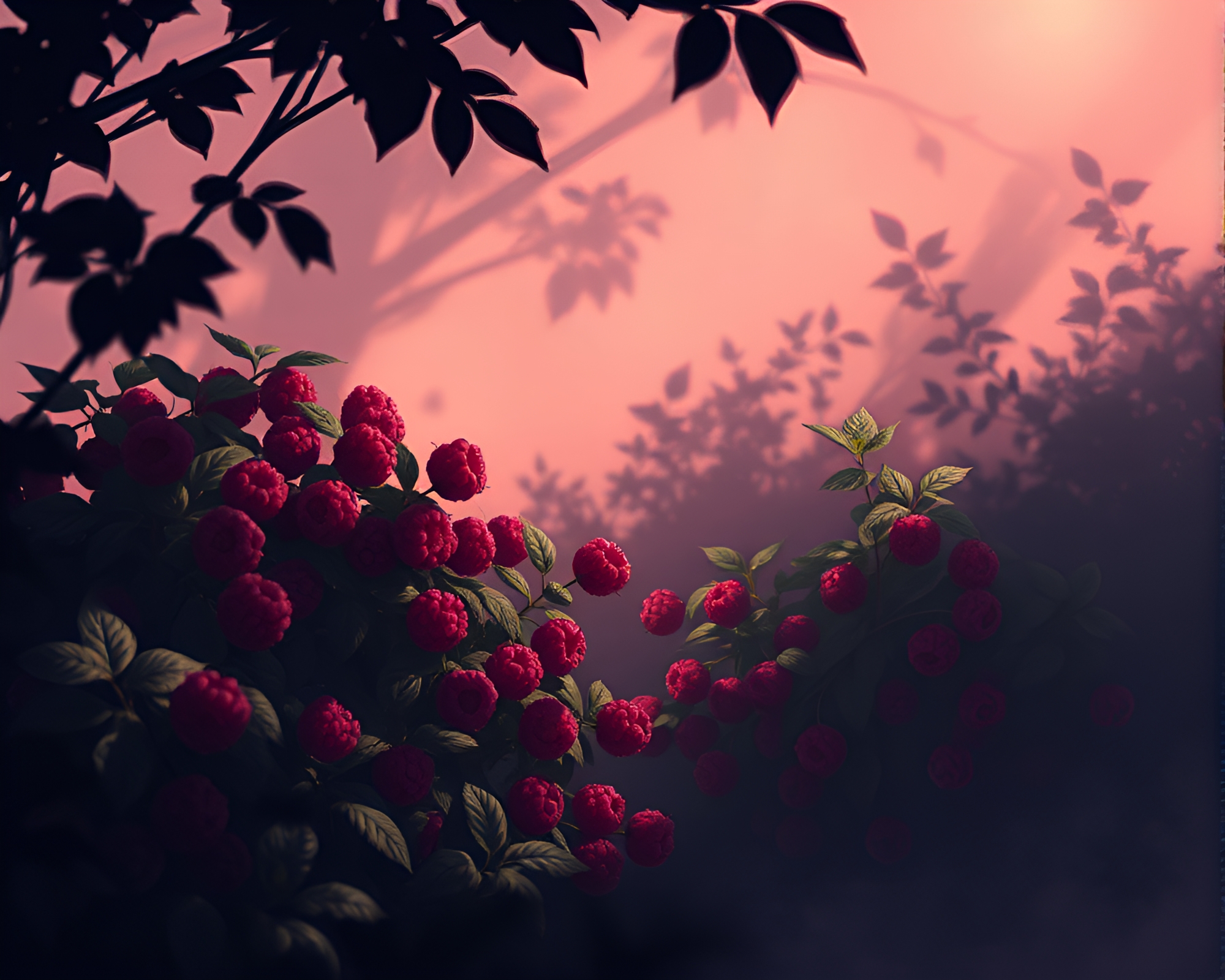 Fantasy Raspberry Bush in Muted Shadows – free AI stock image