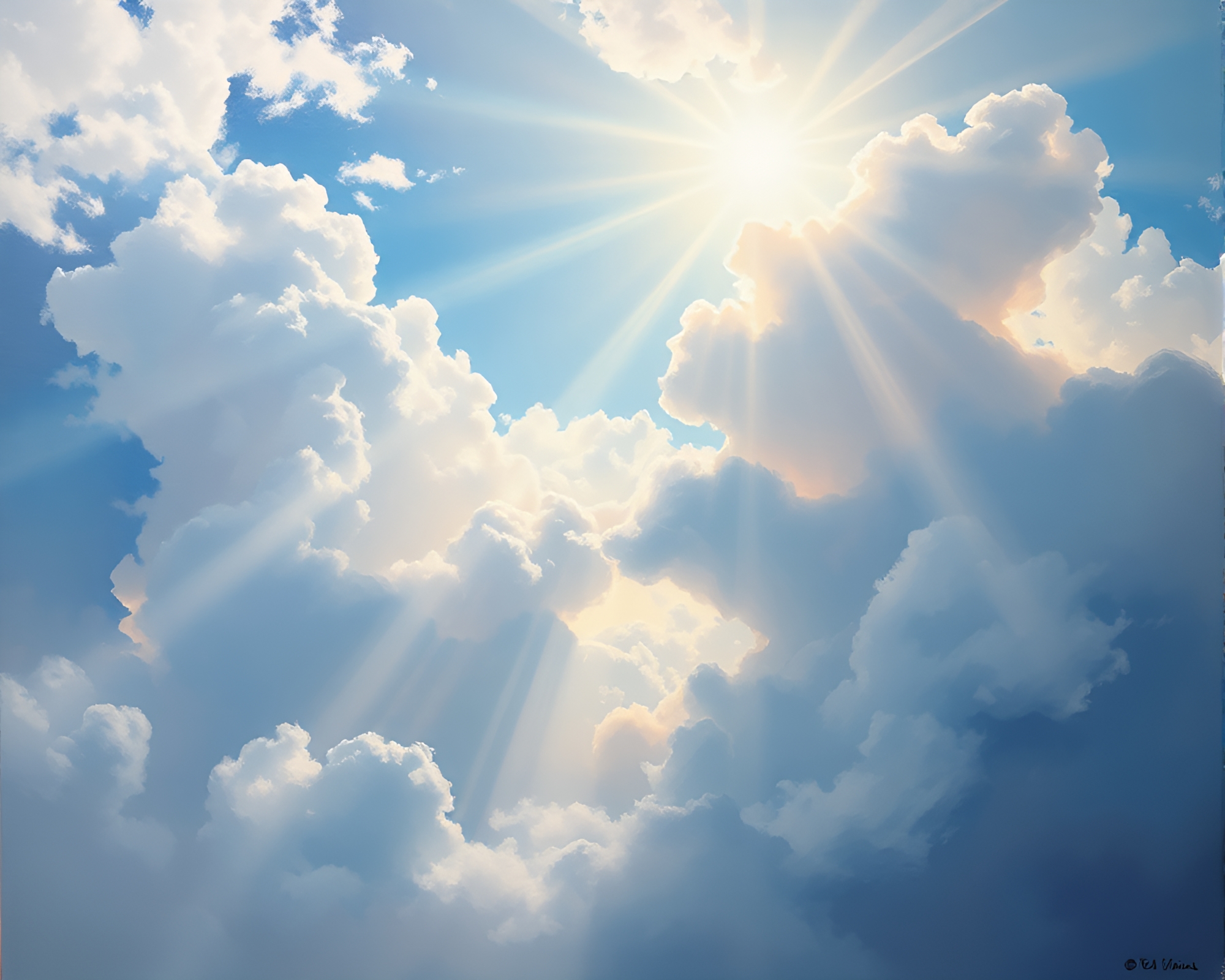 Ethereal Cloudscape: Sunbeam Rays in Oil Painting – free AI stock image