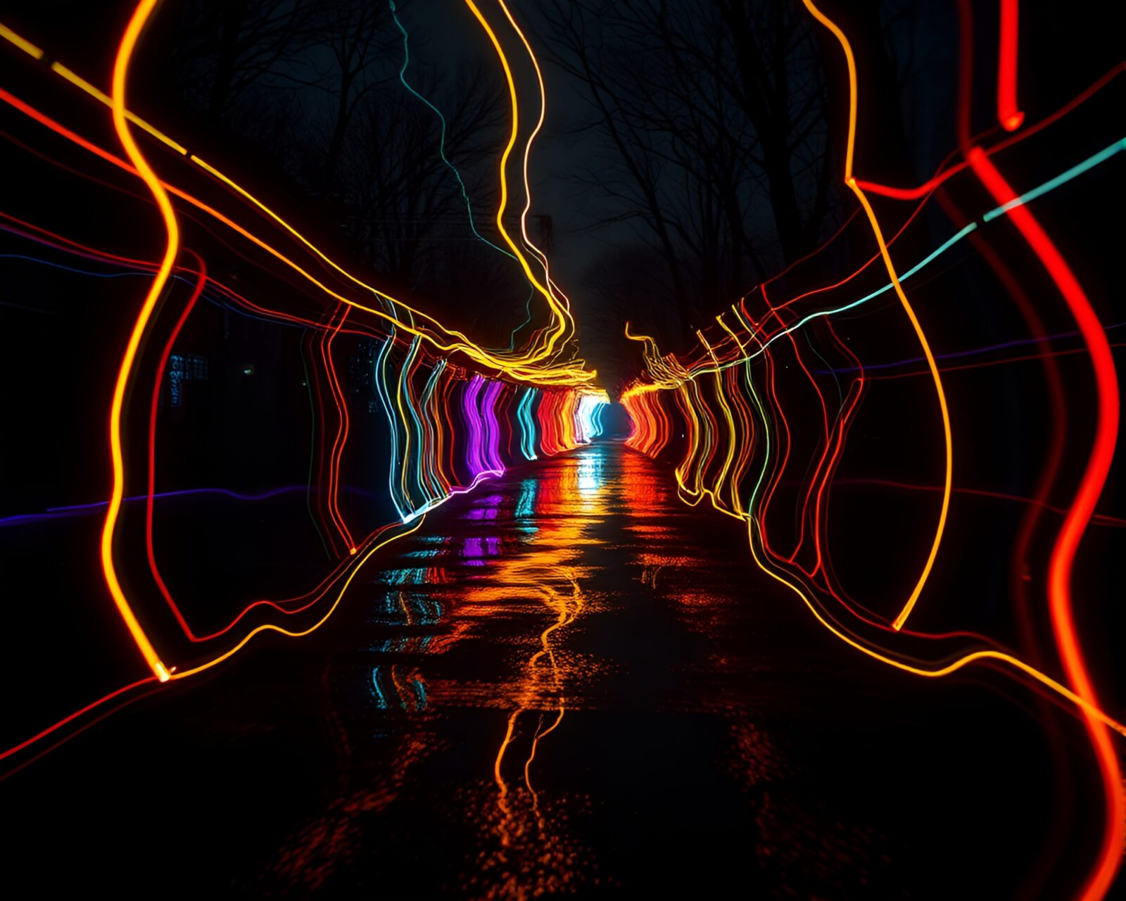 An eerie mirror reflecting colorful light trails in toon style