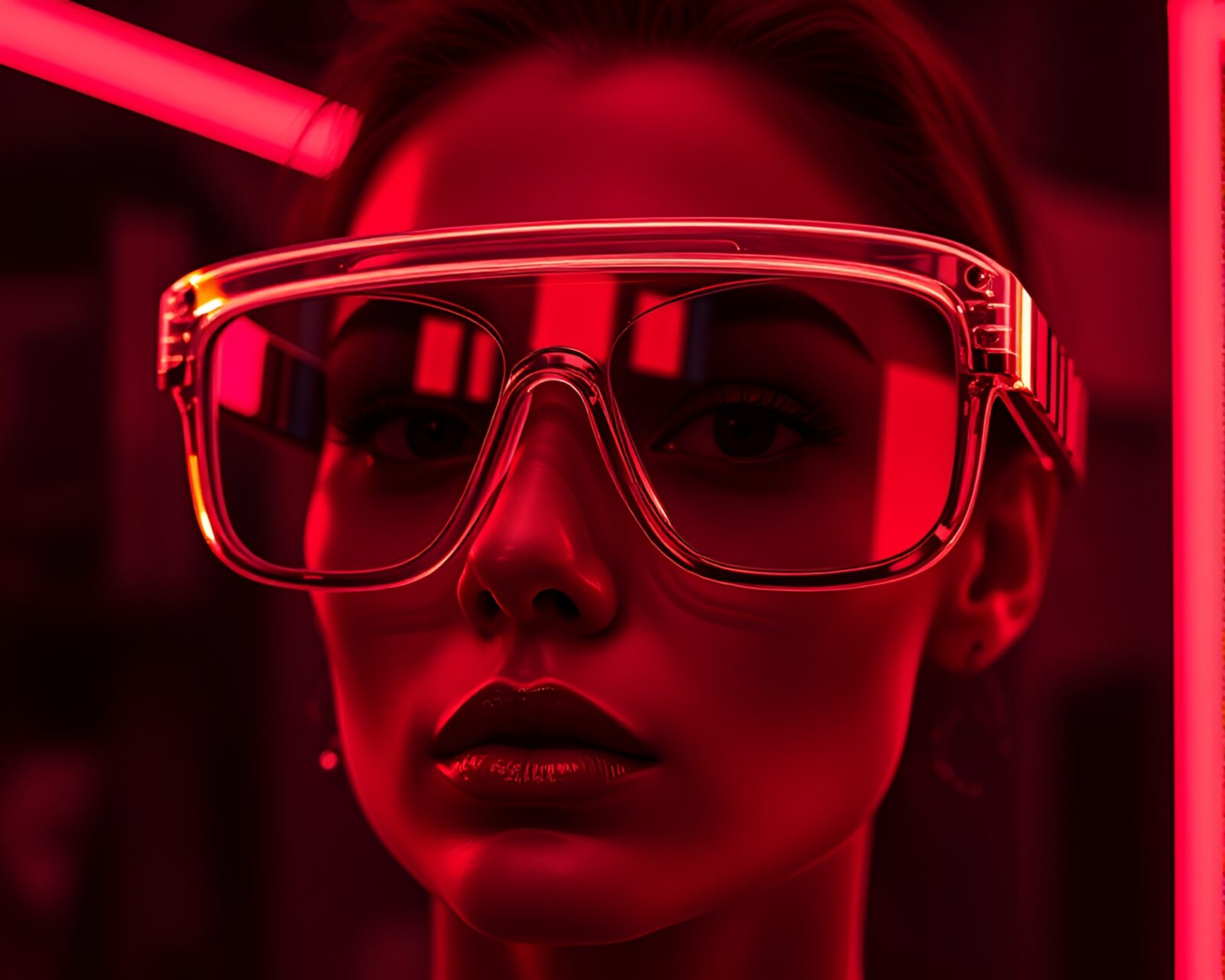 Futuristic cityscape with neon lights reflecting on rose gold glasses