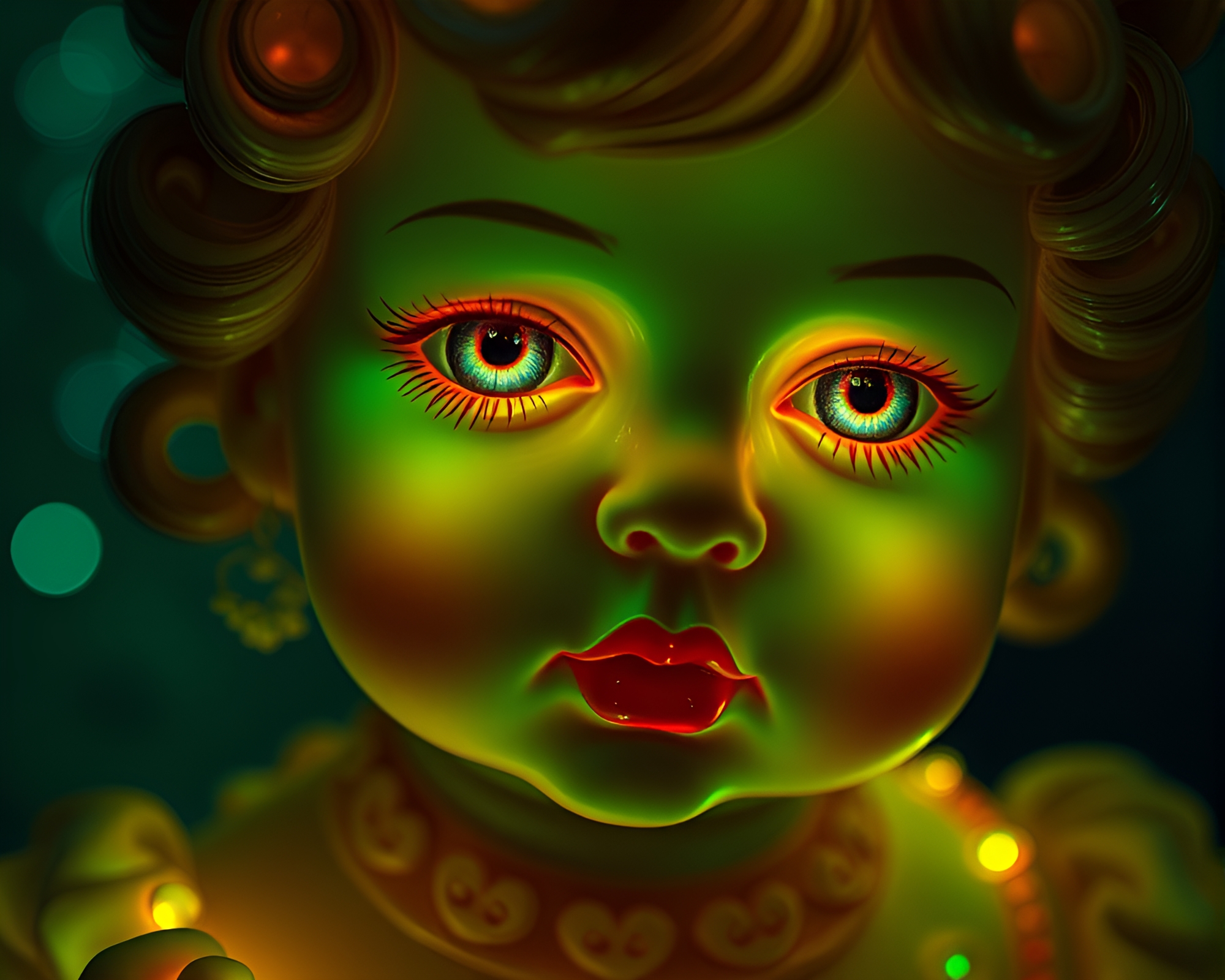 Mesmerizing Porcelain Doll Phosphorescent Close-Up Mural Painting – free AI stock image