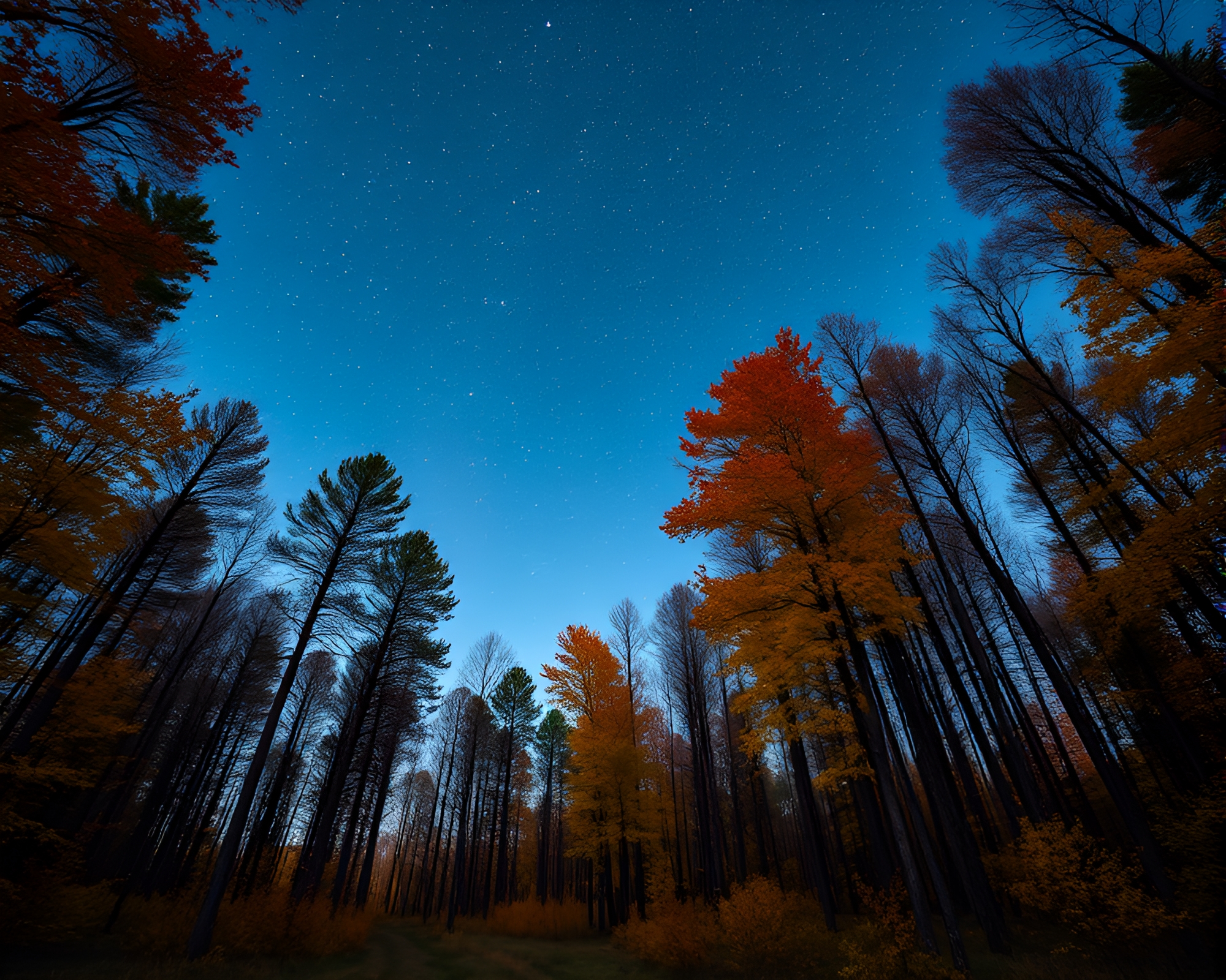 Symmetrical Autumn Forest under Starlit Sky – free AI stock image