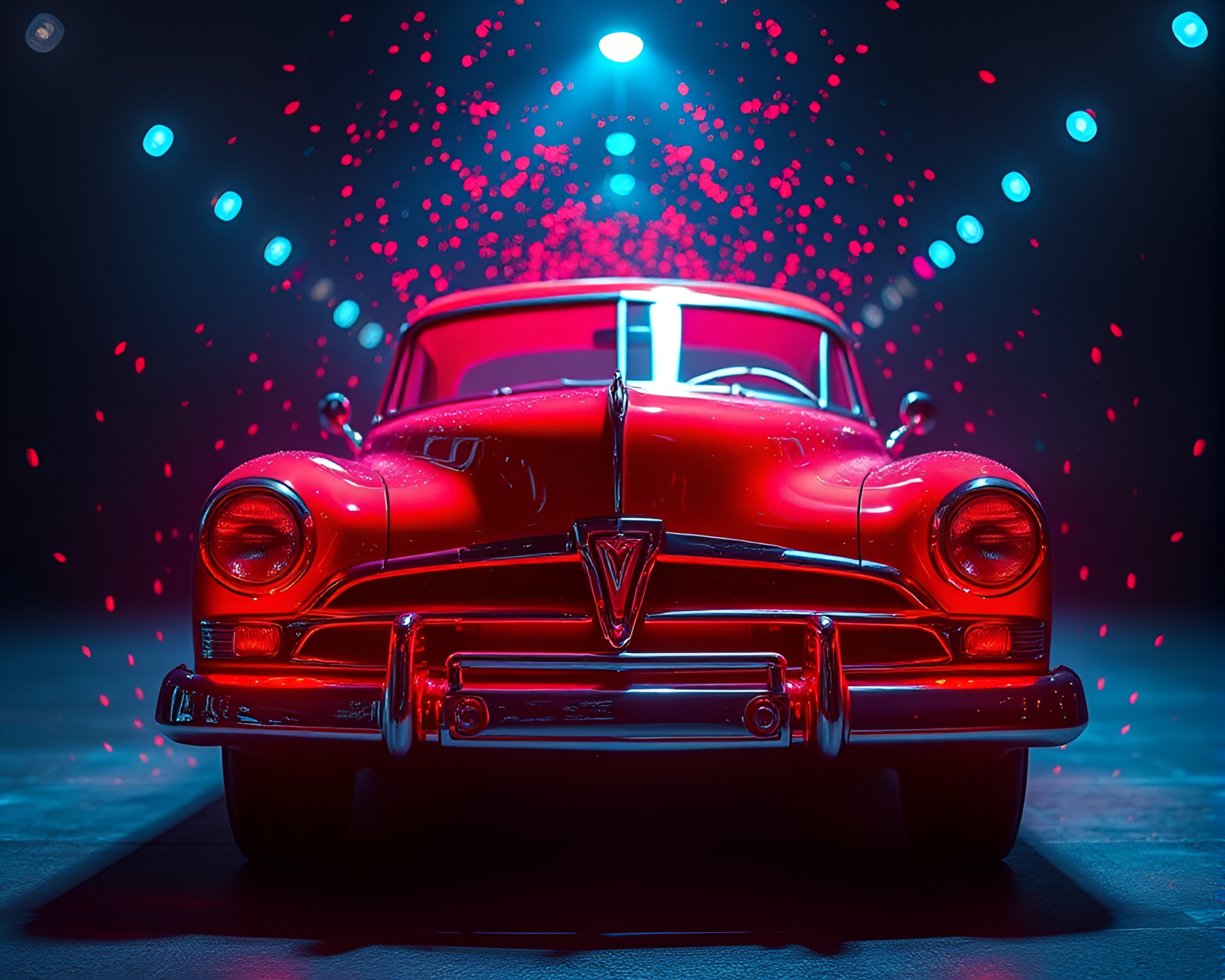 Vintage Car Amidst Floating LED Particles – free AI stock image