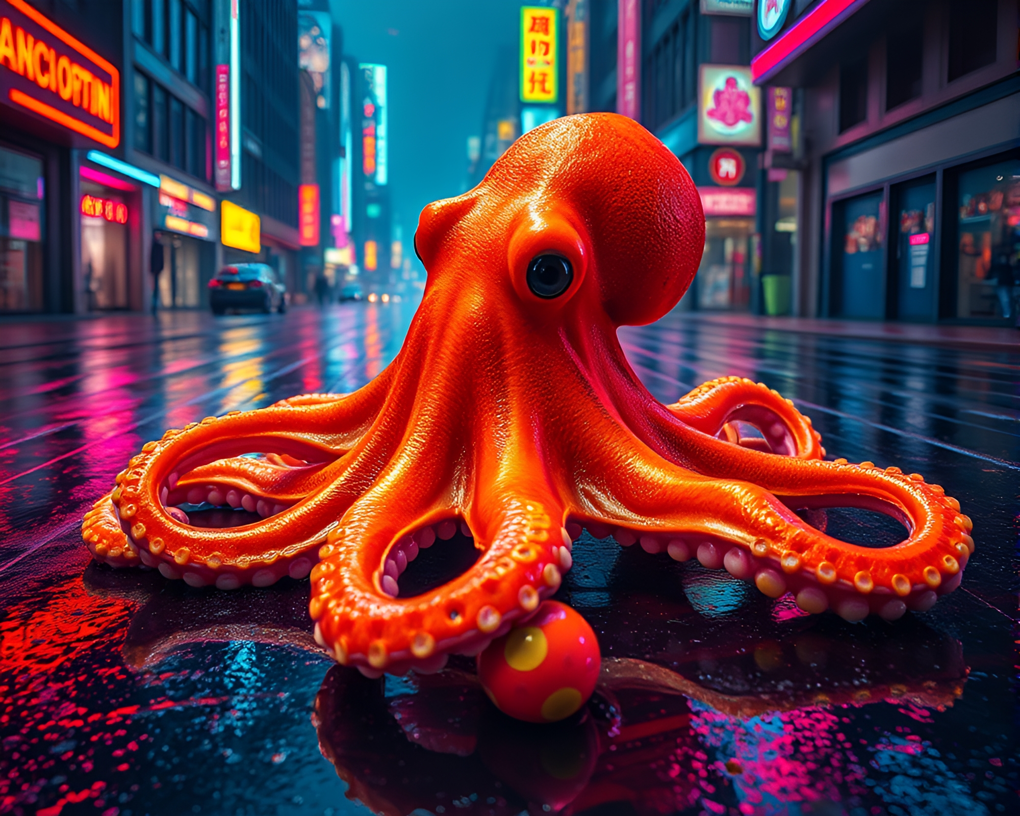 Neon Octopus Surrealism on Wet Pavement – free AI stock image