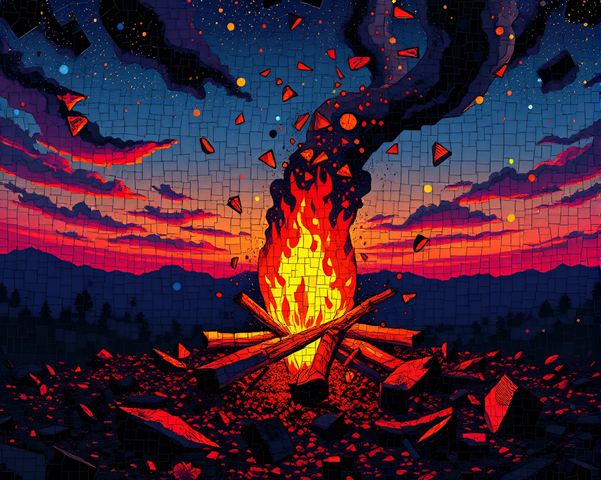 Surreal Bonfire Dreamscape with Broken Mosaic Fragments – free AI stock image