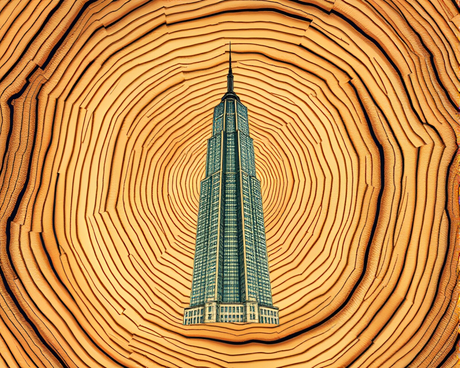 Abstract skyscraper silhouette with tree ring pattern, lens vignette.