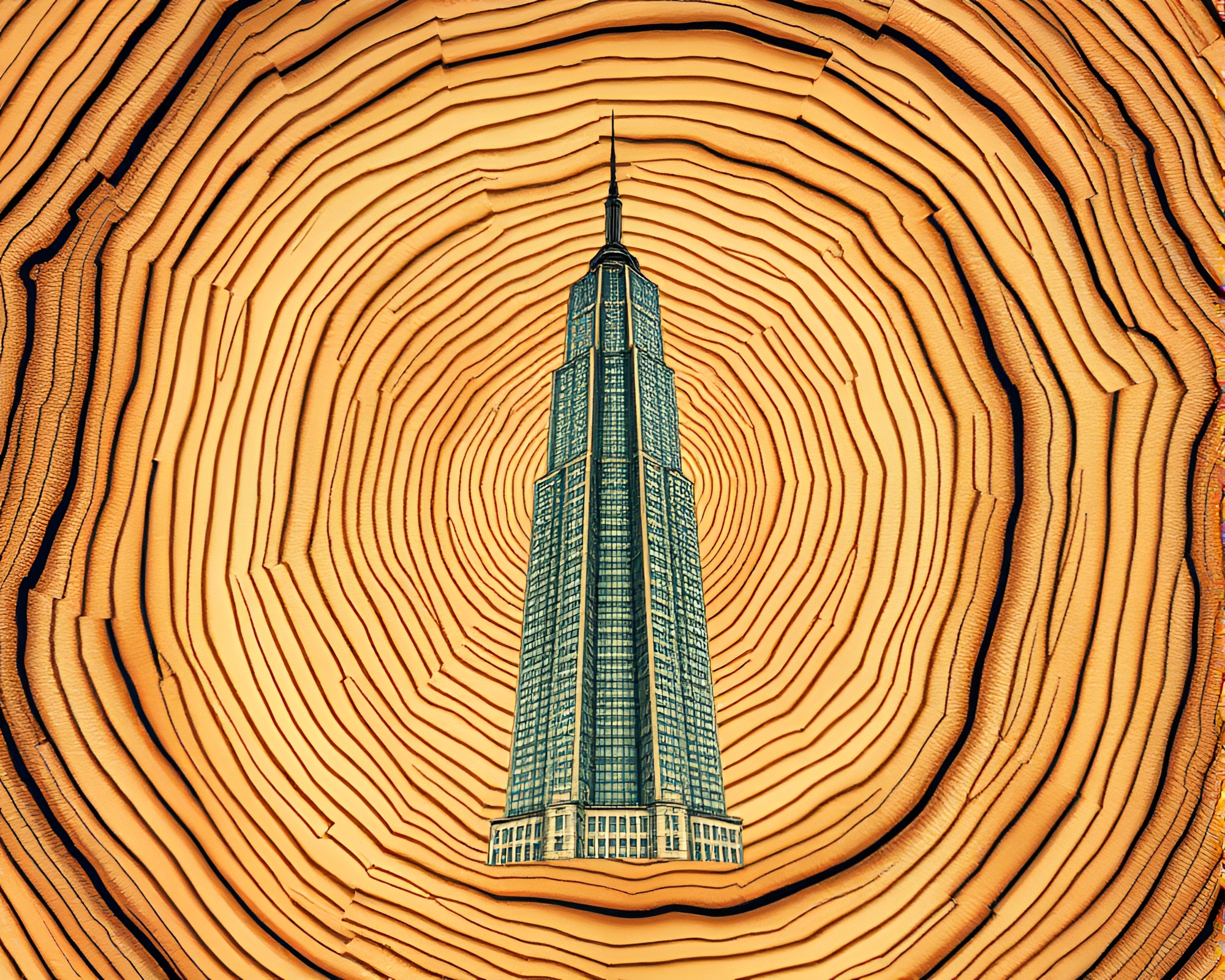 Tree Ring Skyscraper: Lens Vignette Egg Tempera Art – free AI stock image
